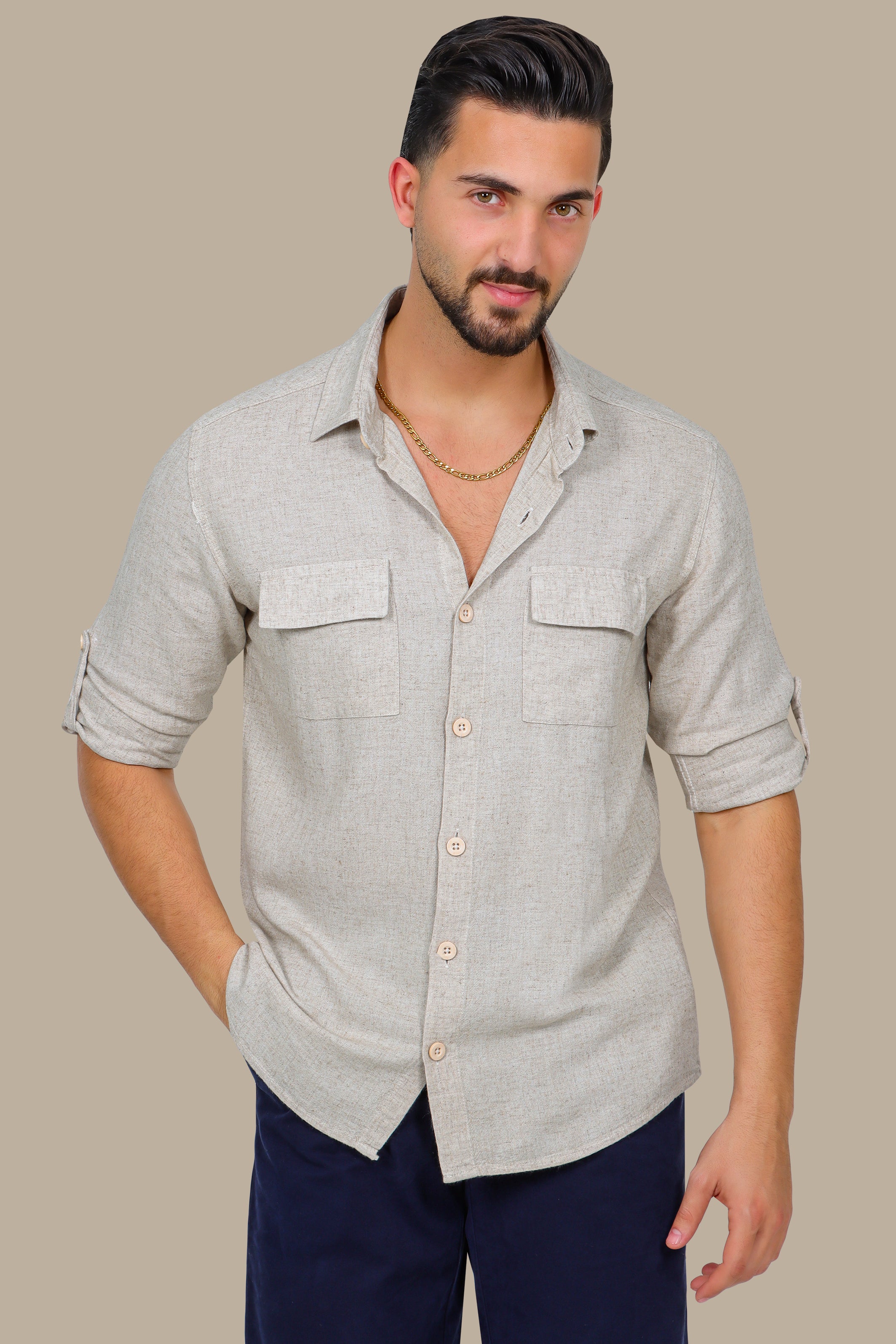 Classic Beige Linen Shirt with Flap Pockets