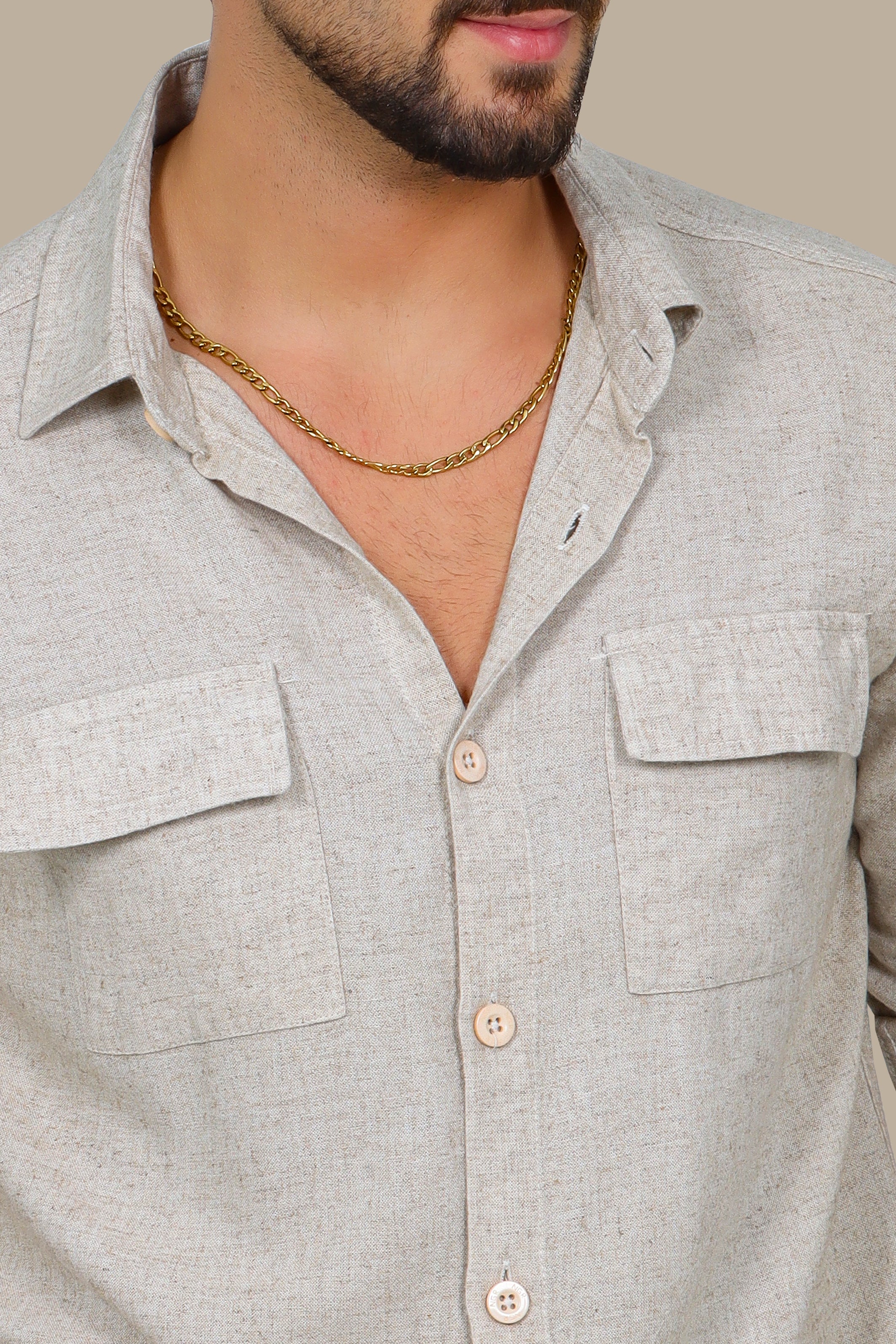 Classic Beige Linen Shirt with Flap Pockets