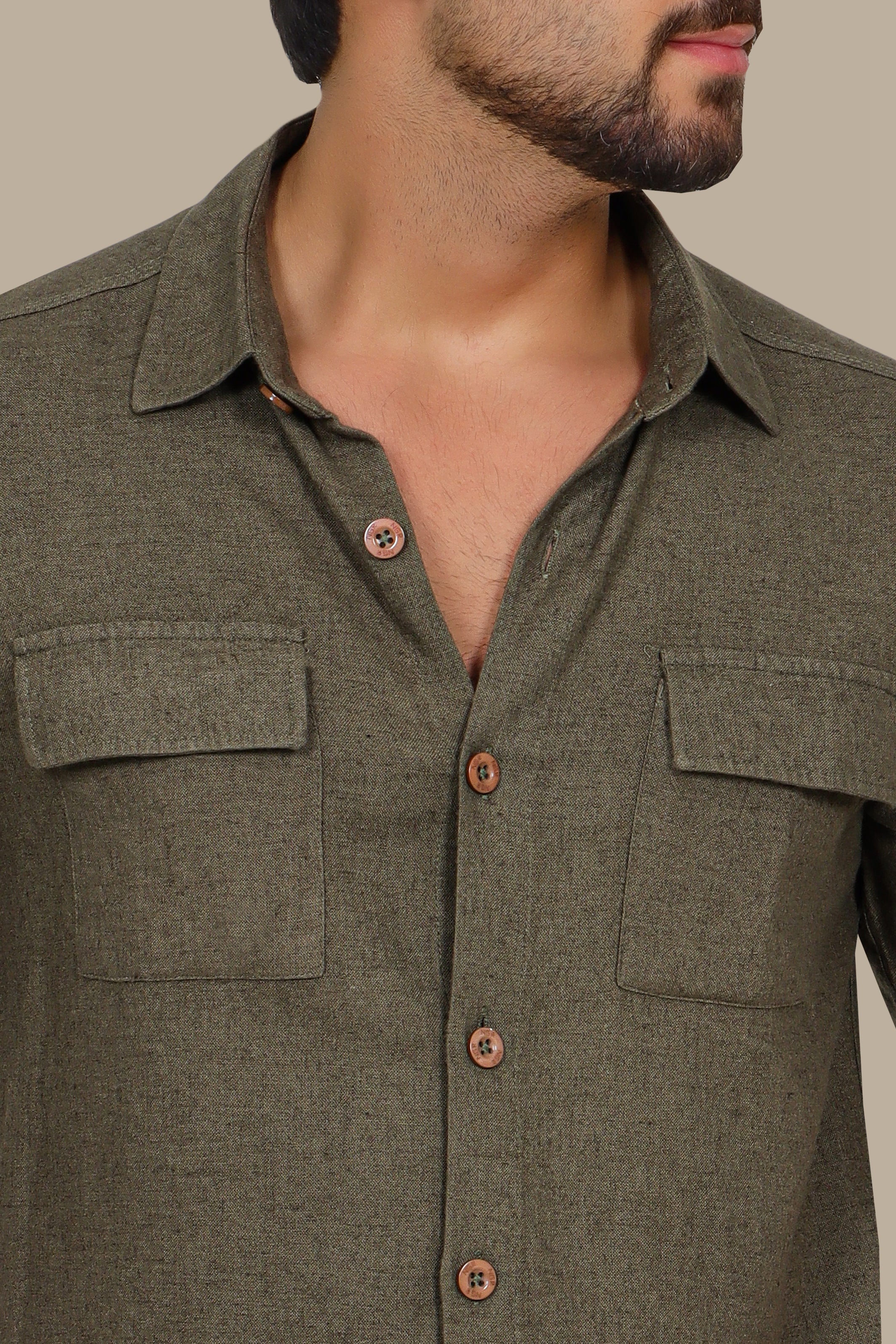 Khaki Linen Shirt with Flap Pockets