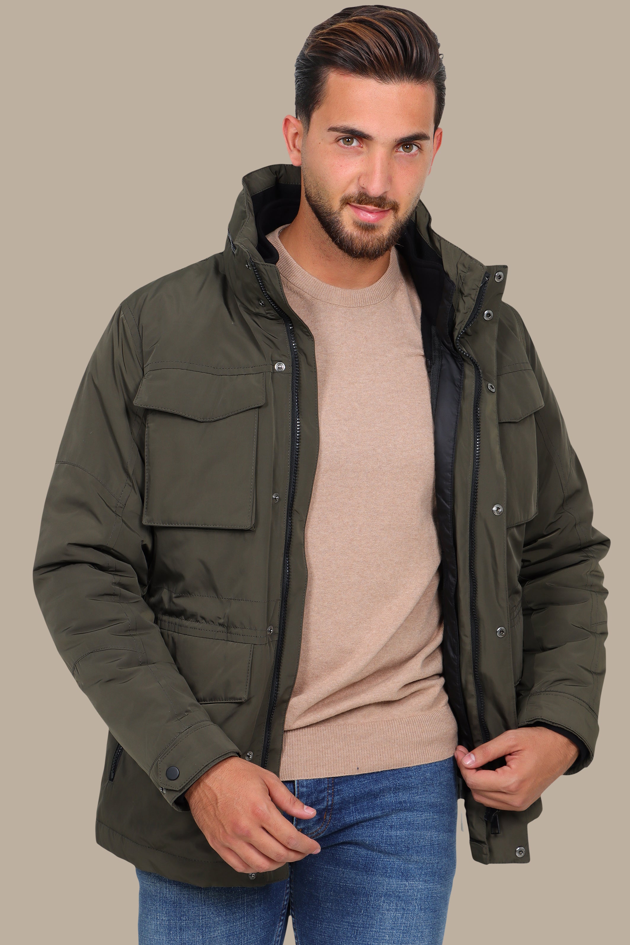 Khaki Windbreaker Jacket with Detachable Hood