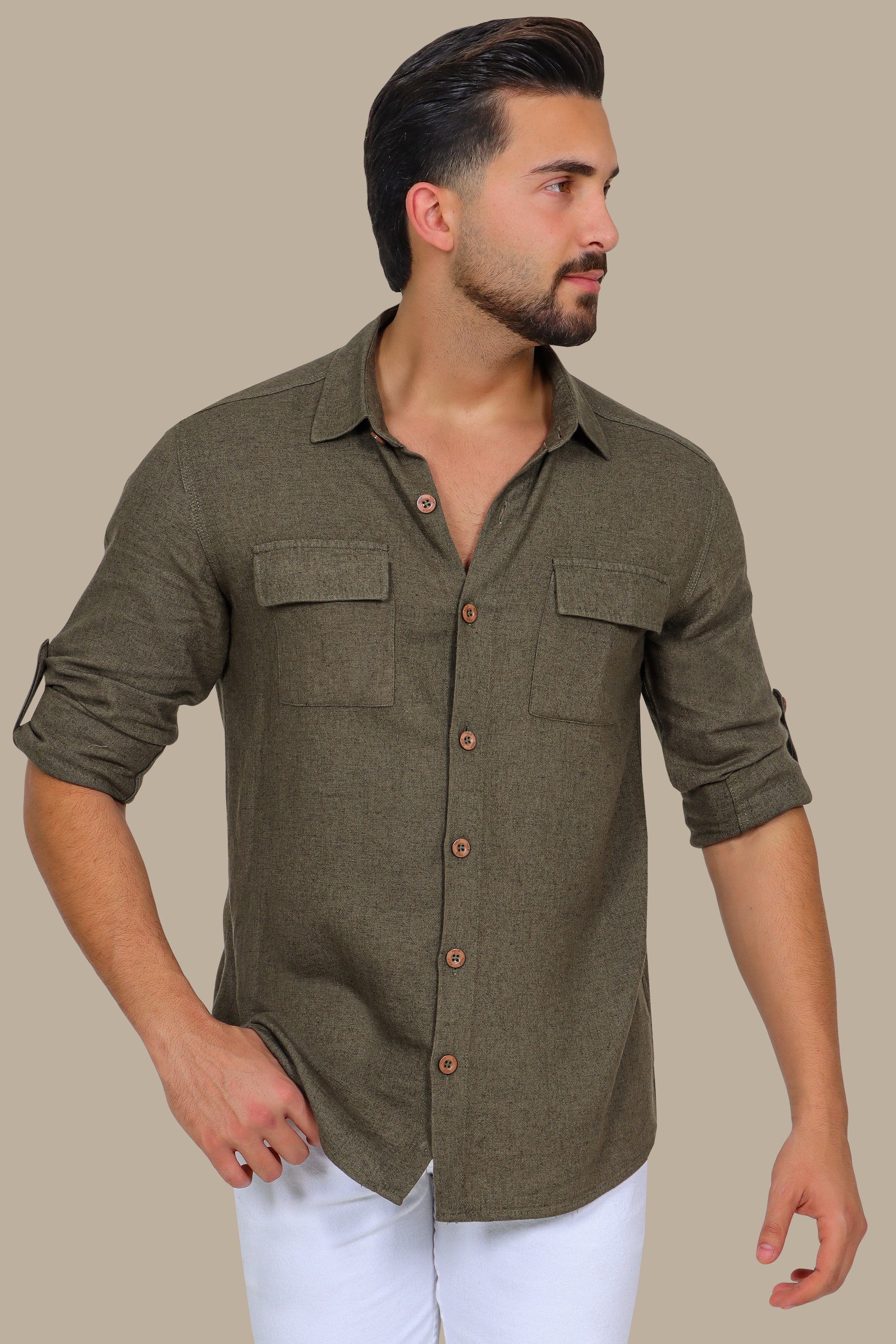 Khaki Linen Shirt with Flap Pockets