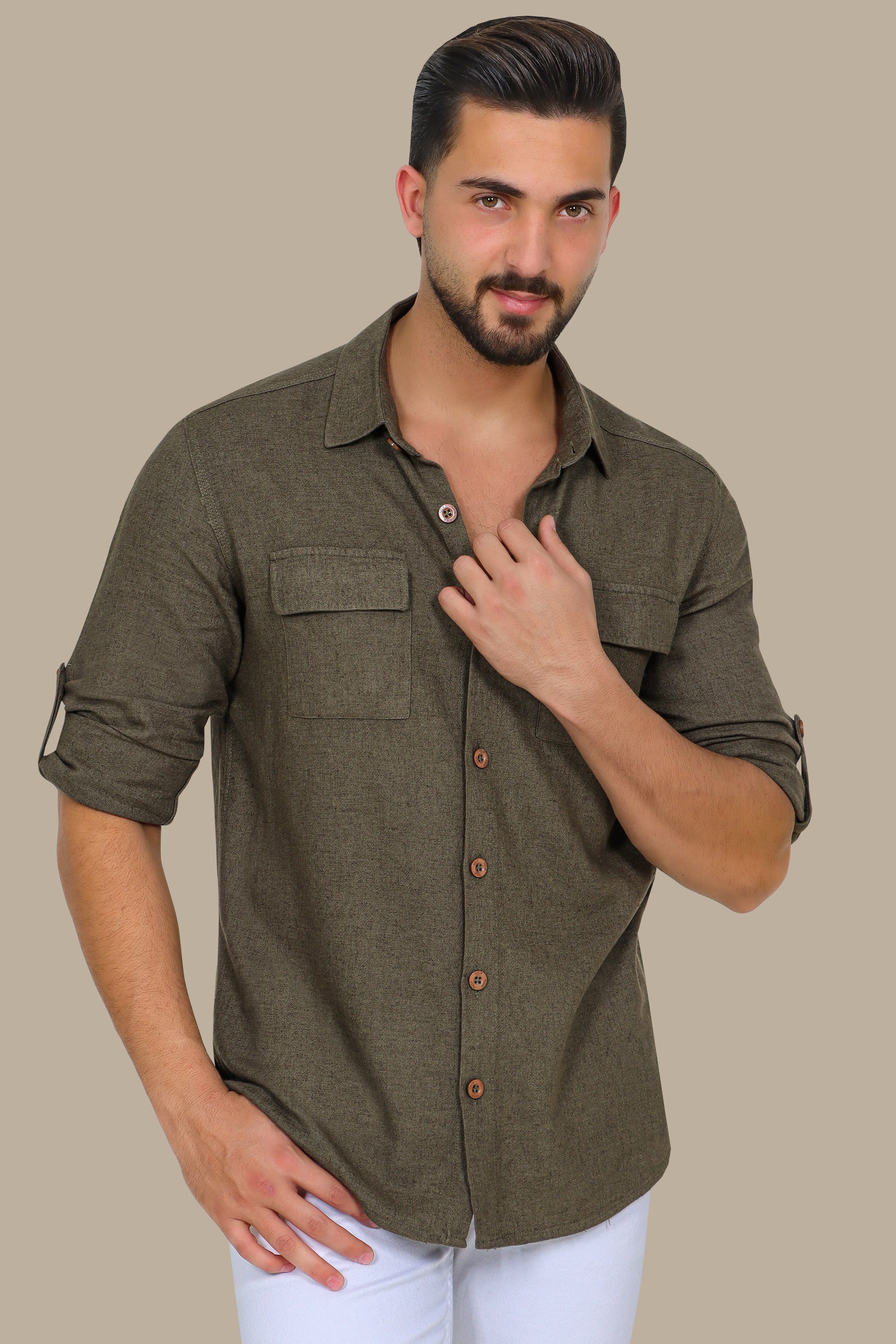 Khaki Linen Shirt with Flap Pockets