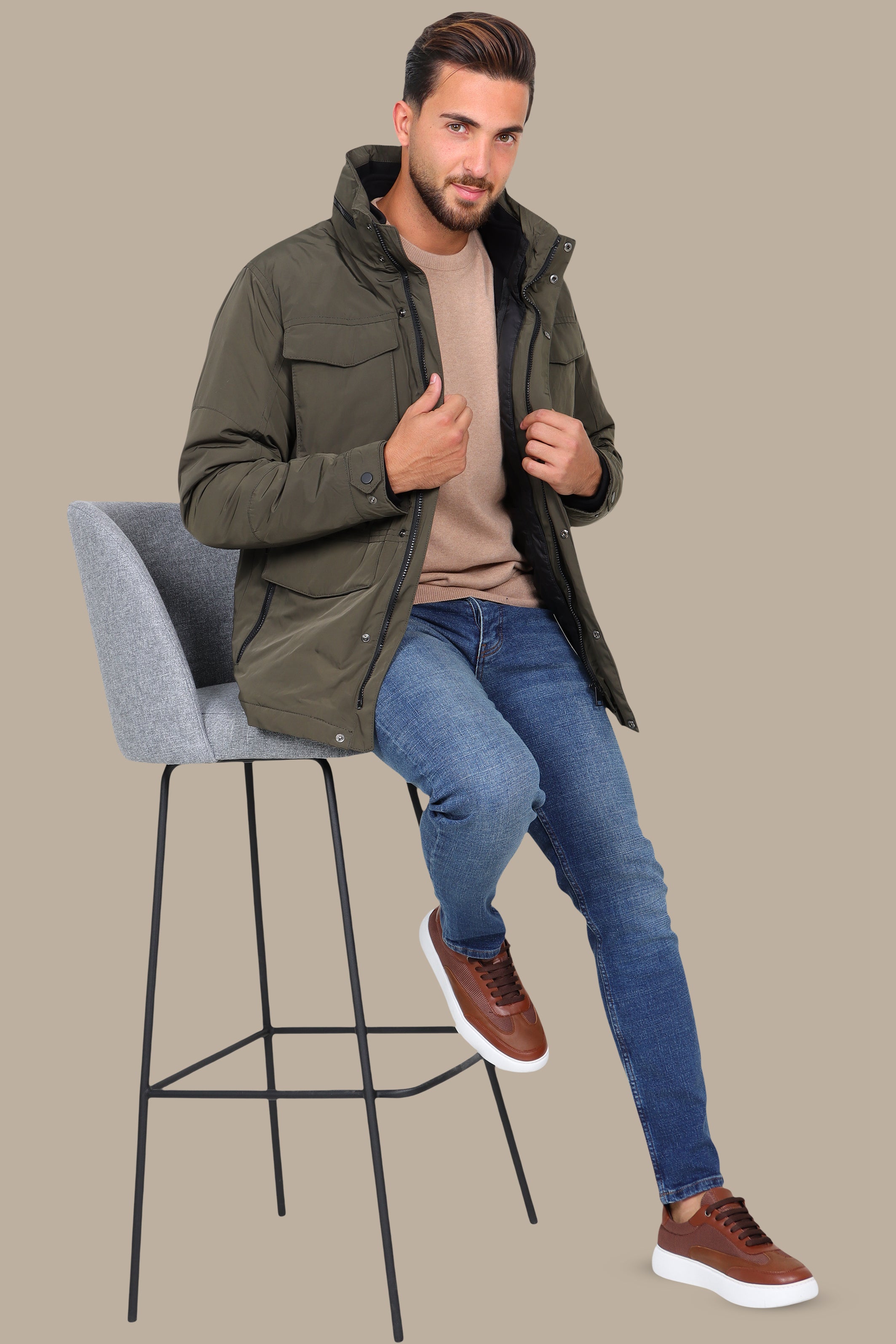 Khaki Windbreaker Jacket with Detachable Hood