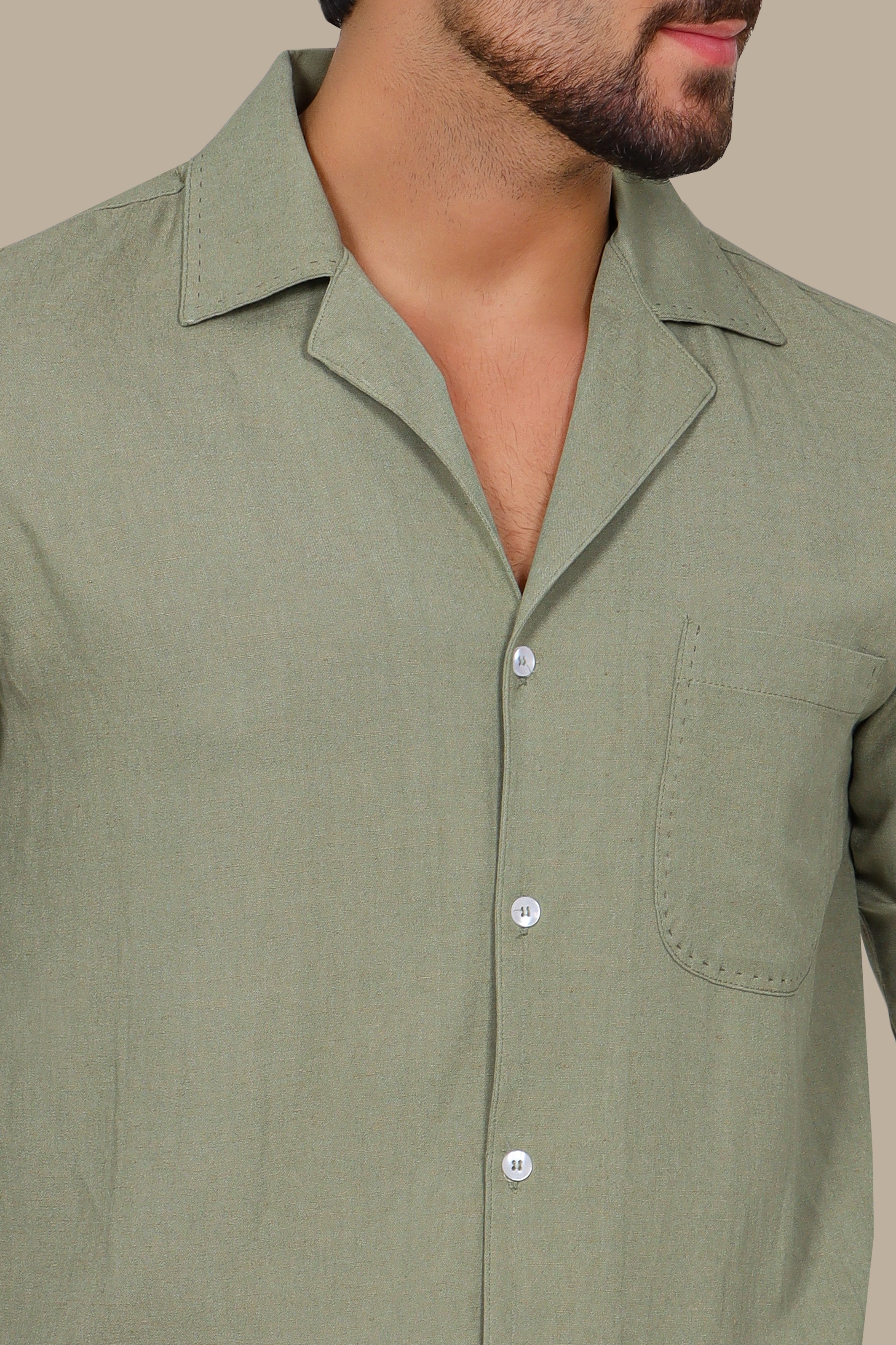Olive Linen Patch Djellaba Shirt