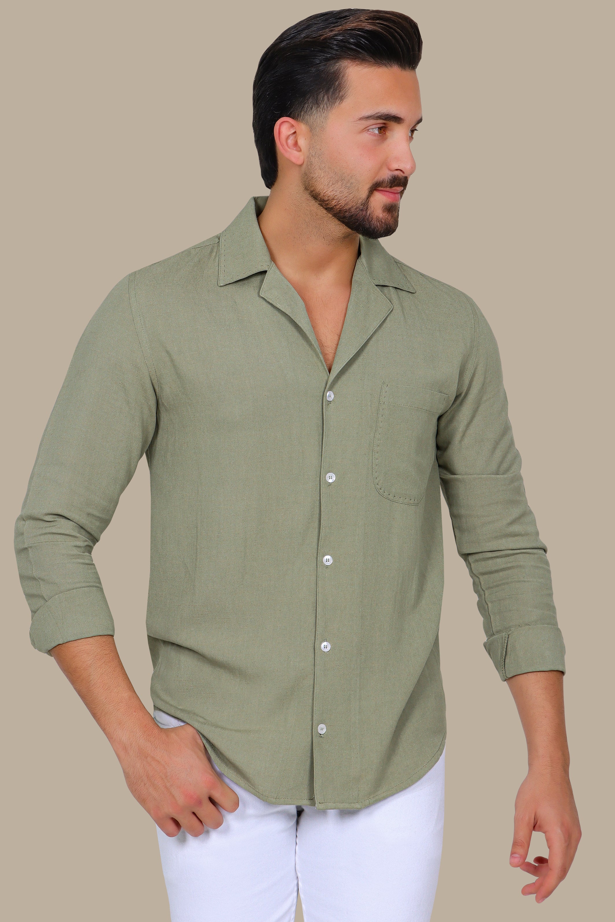 Olive Linen Patch Djellaba Shirt