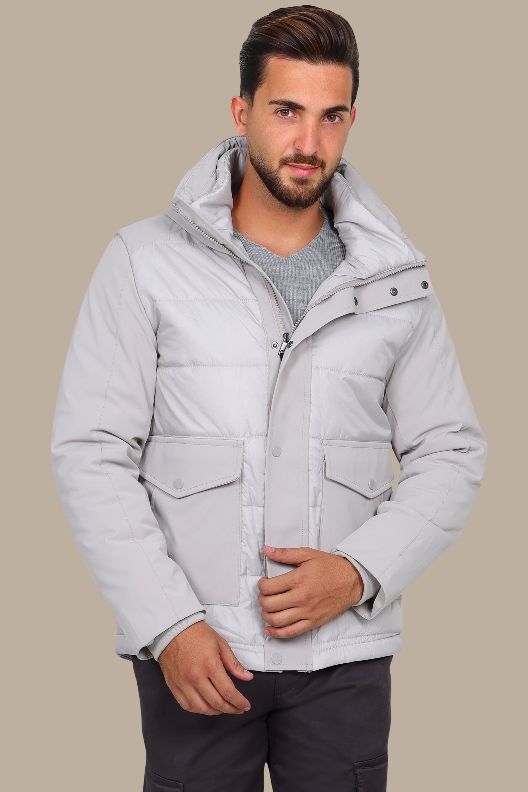 Light Gray Wind Breaker: Stay Stylish and Functional with Two Spacious Pockets
