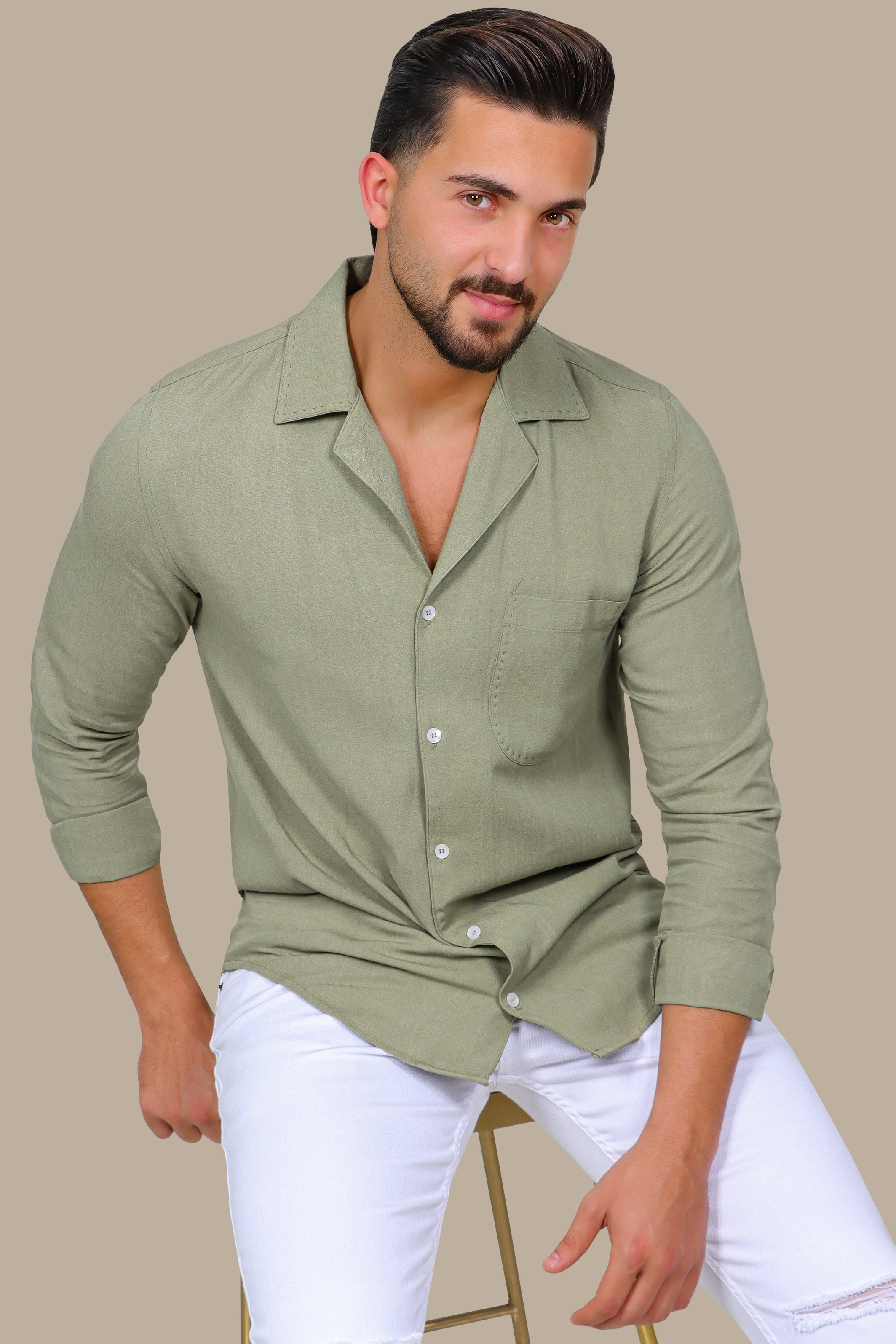 Olive Linen Patch Djellaba Shirt