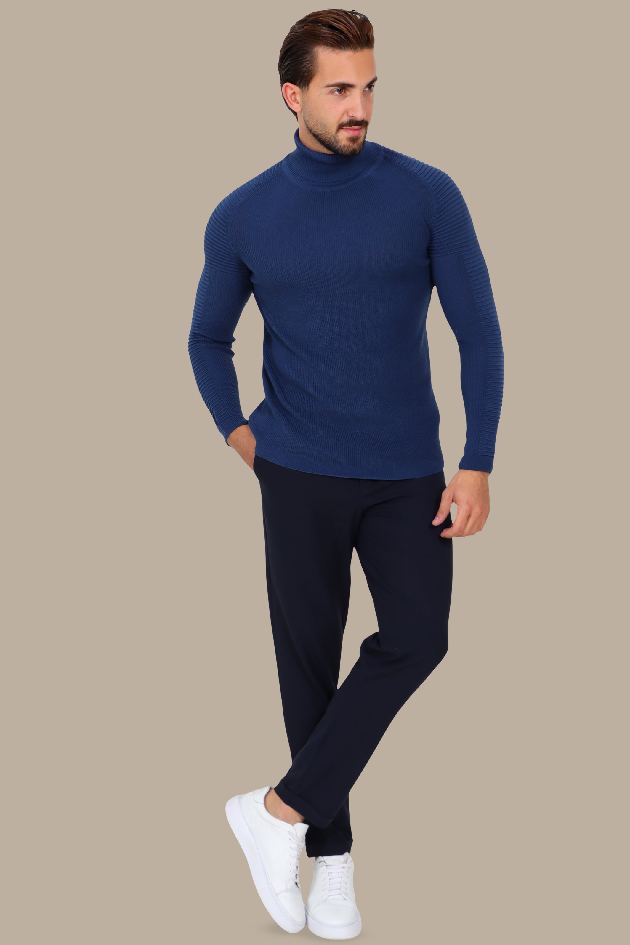 Blue Mercerized Turtle-Neck Sweater with Ribbed Shoulders