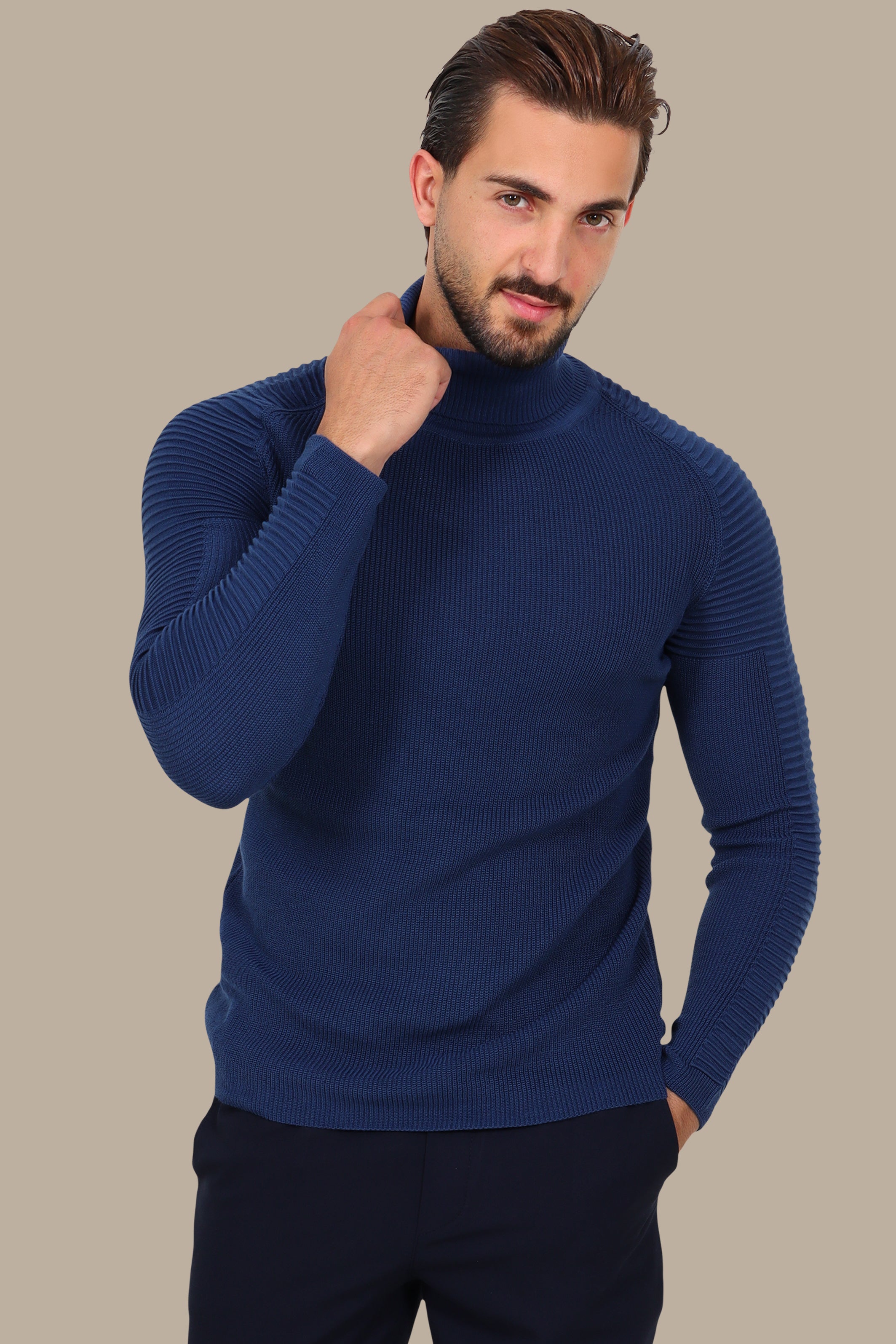 Blue Mercerized Turtle-Neck Sweater with Ribbed Shoulders