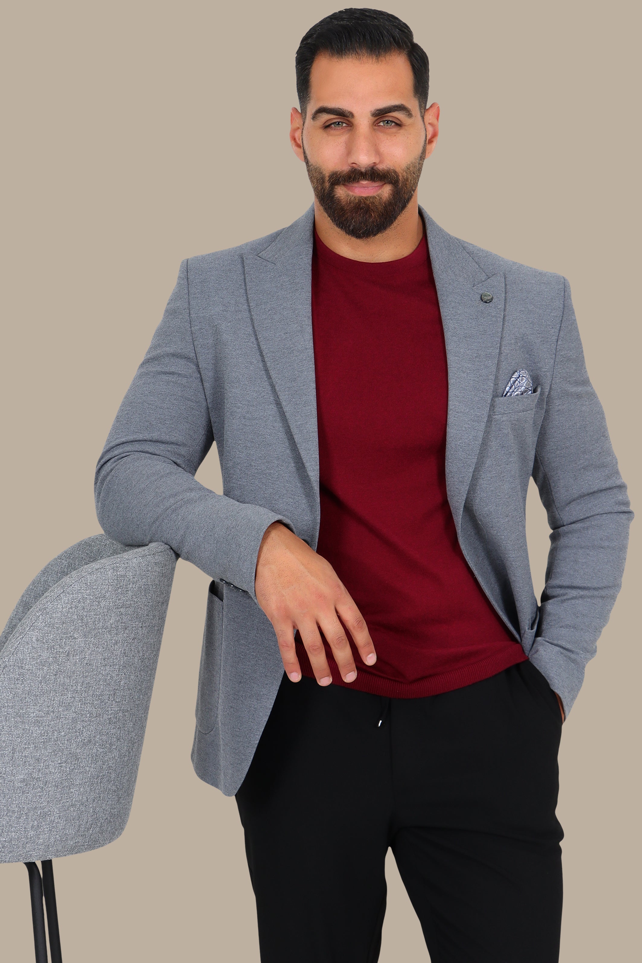Grey Piquet Blazer with Peak Lapel