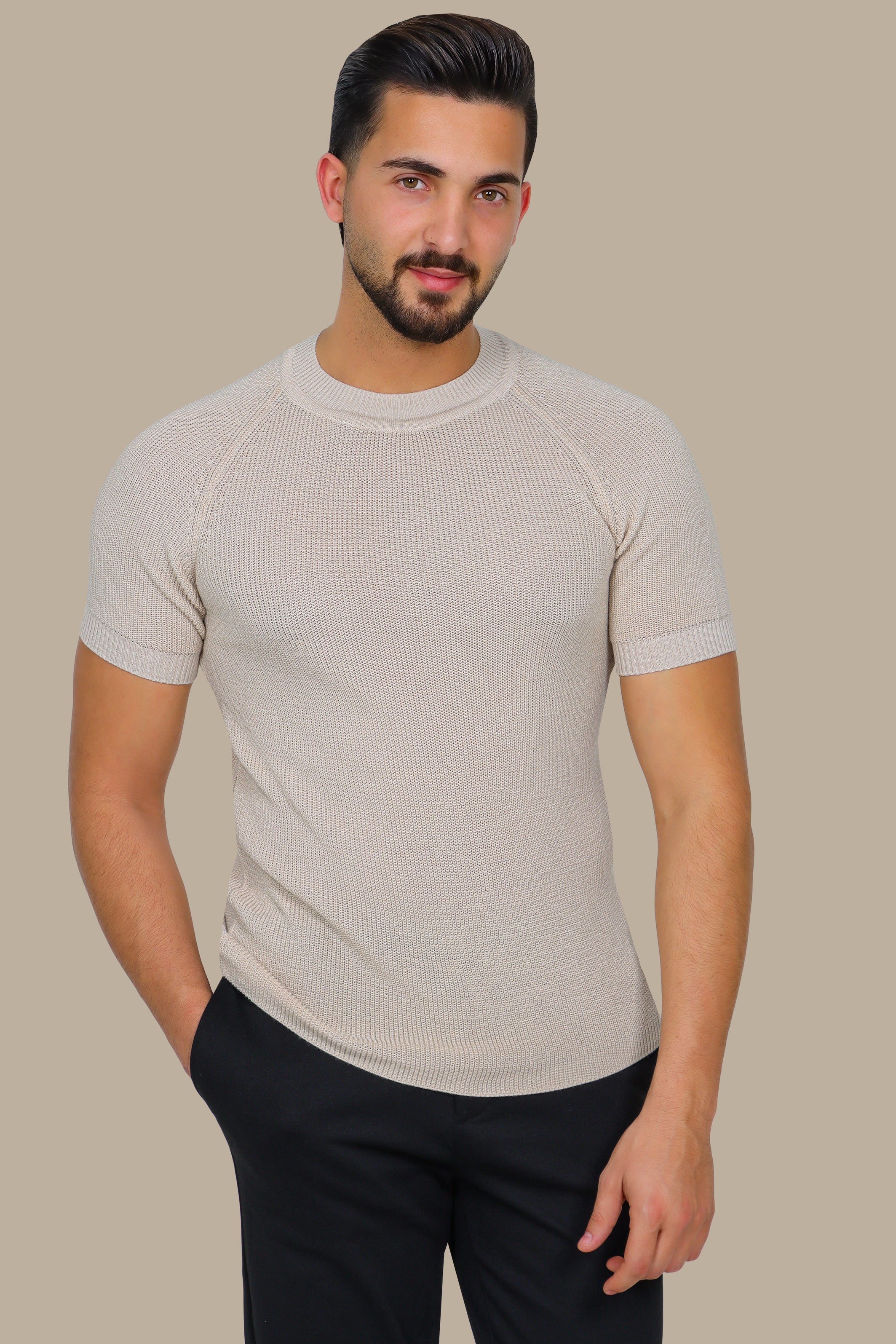 Beige Bliss: Knitted Round Neck T-Shirt