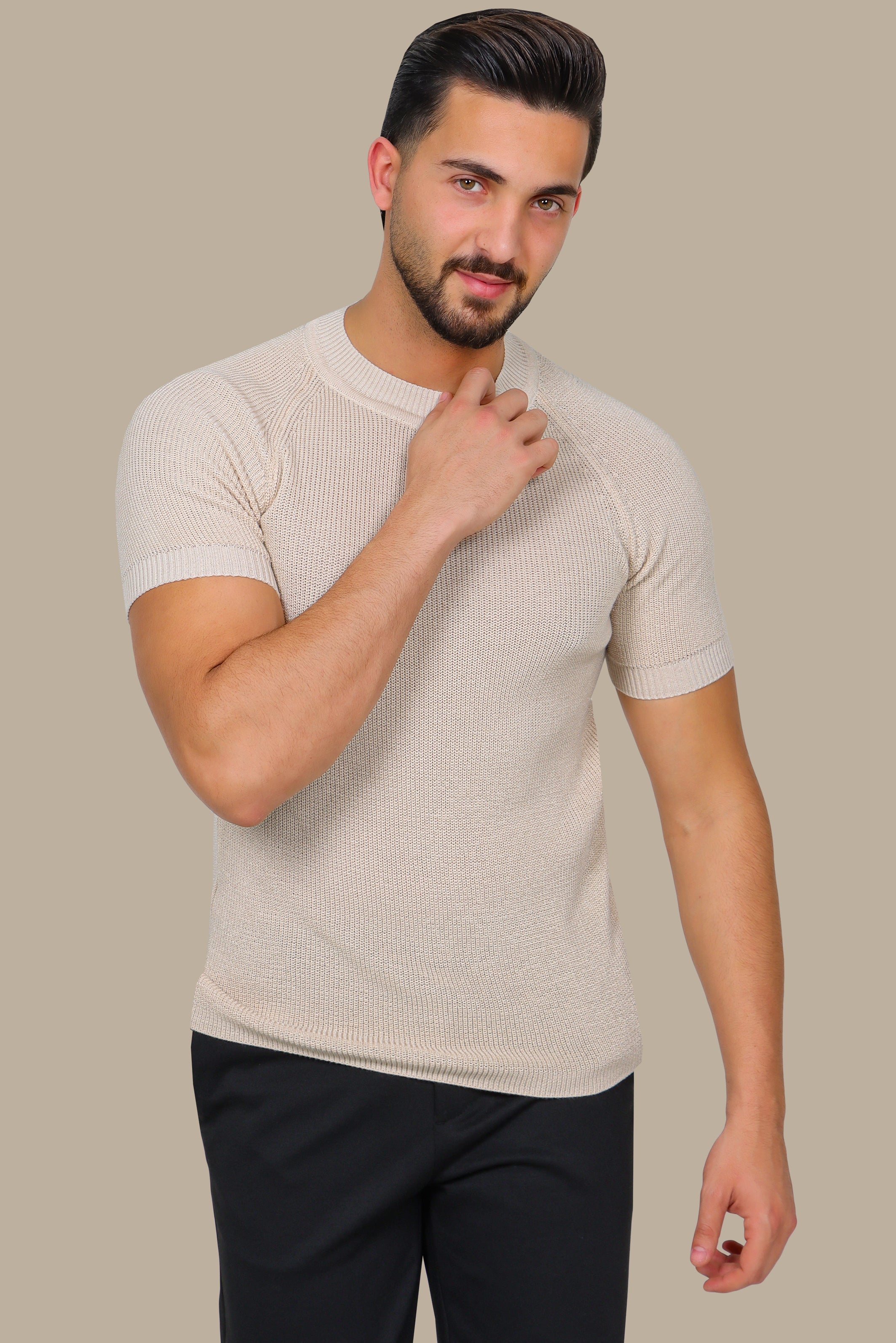 Beige Bliss: Knitted Round Neck T-Shirt