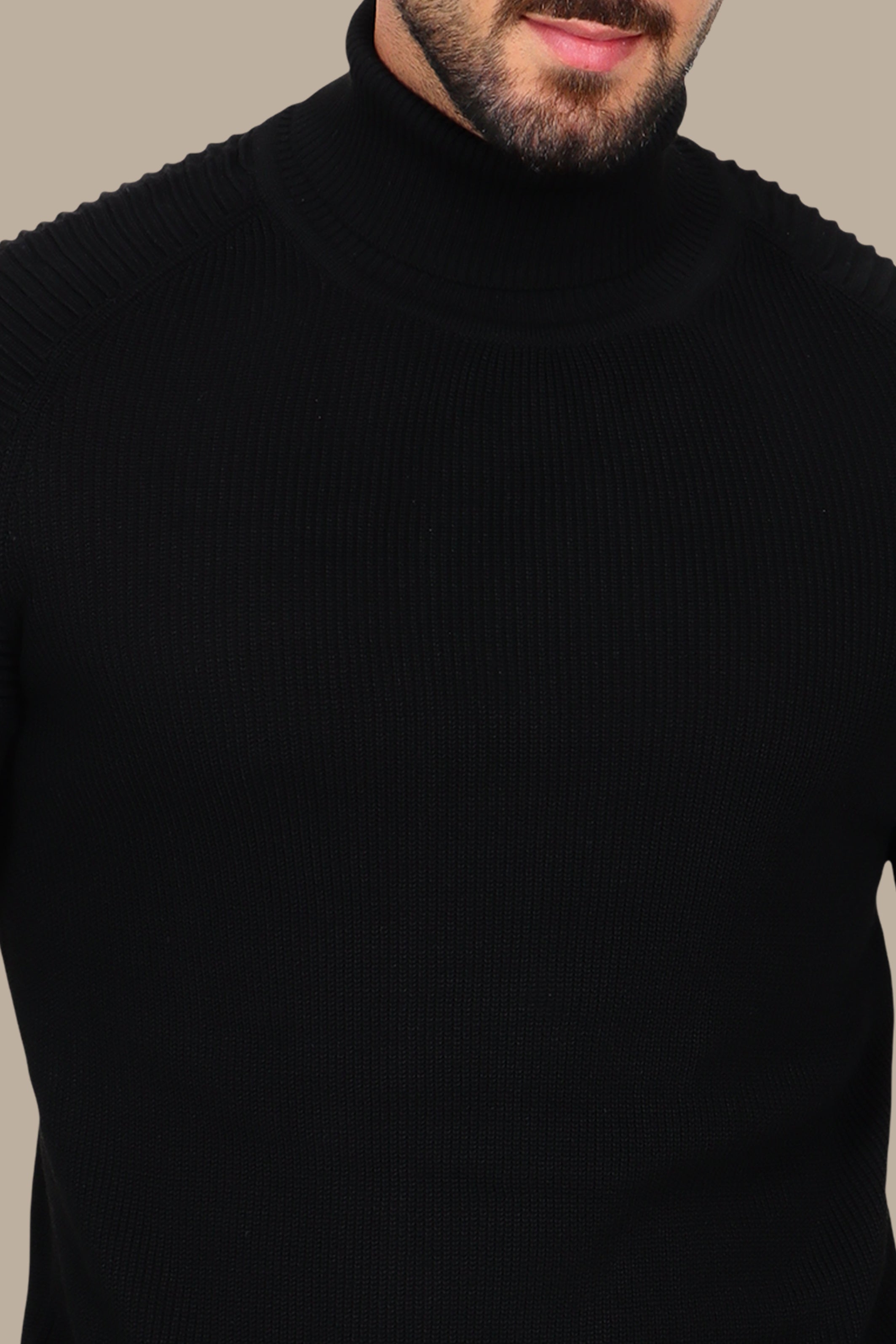 Black Mercerized Turtle-Neck Sweater with Ribbed Shoulders