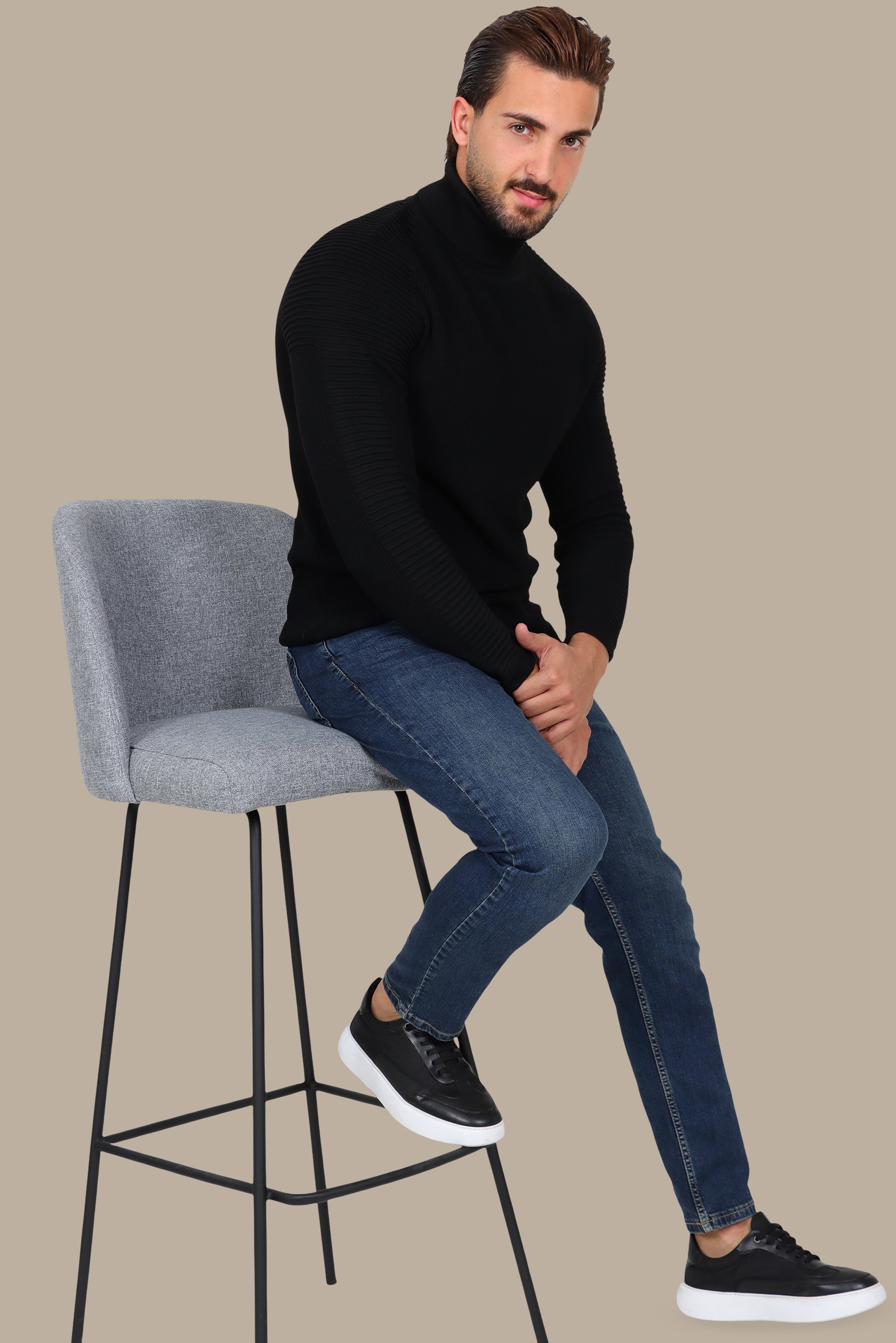 Black Mercerized Turtle-Neck Sweater with Ribbed Shoulders