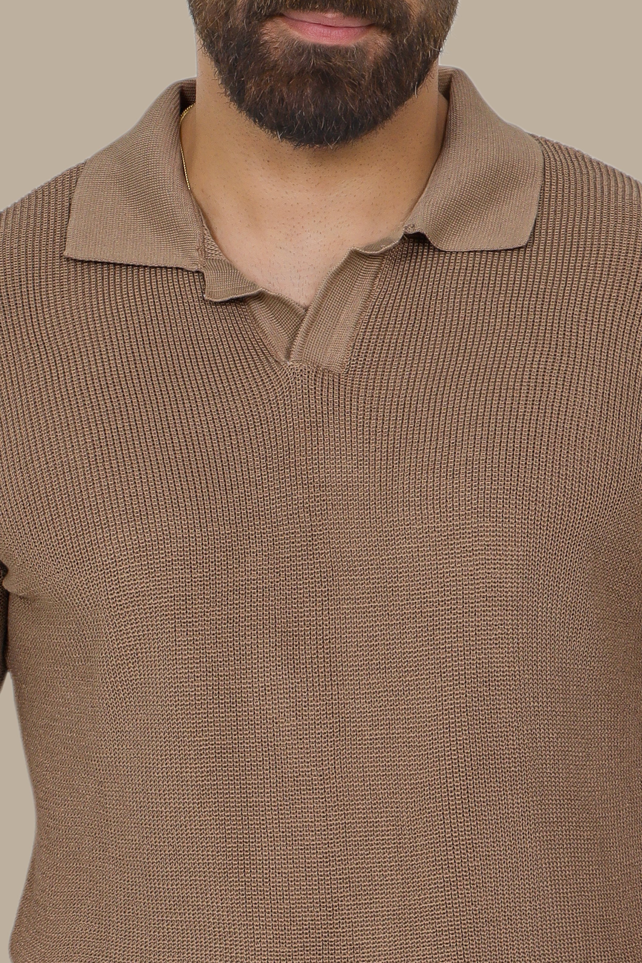 Beige Mercerized V-Neck Polo