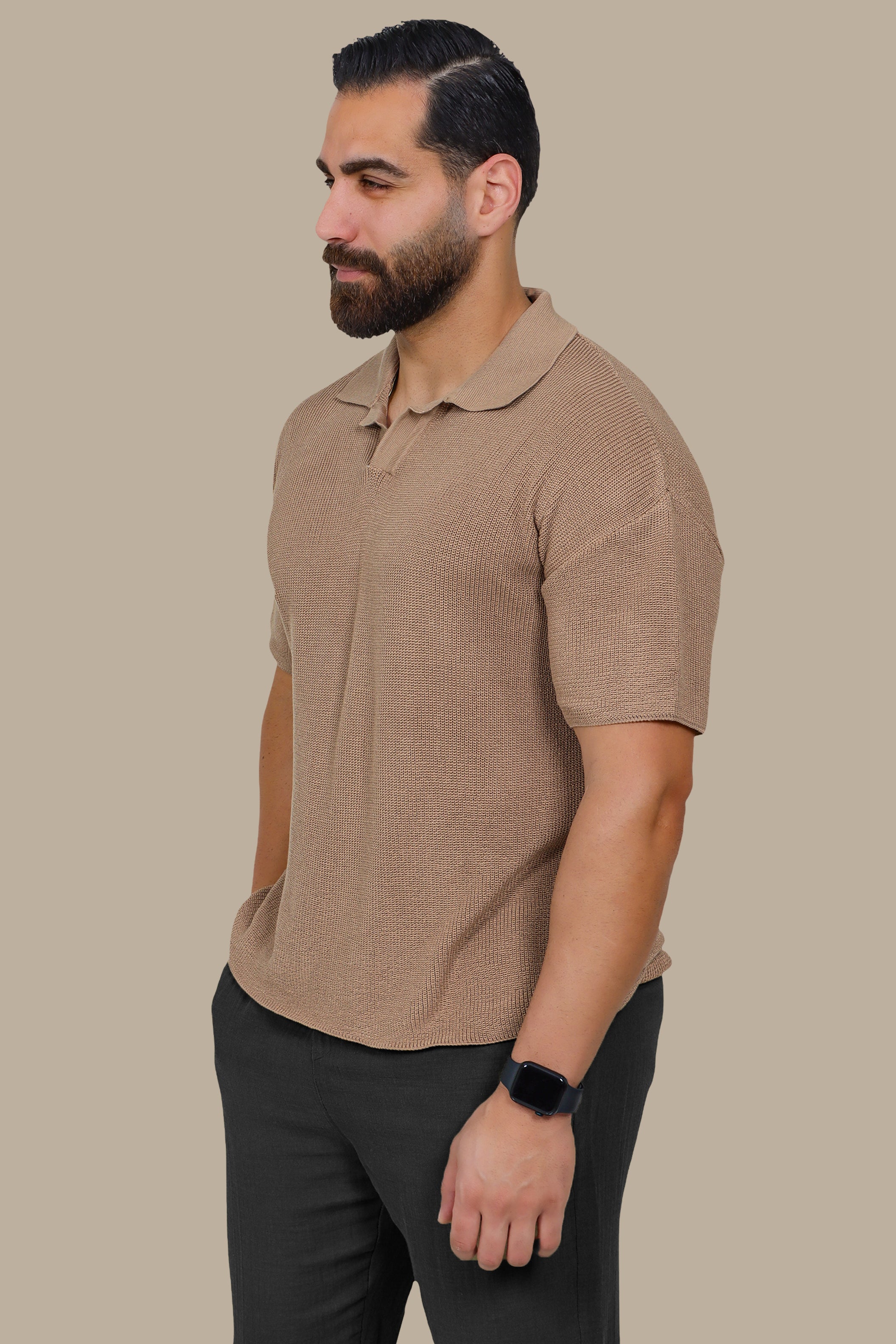 Beige Mercerized V-Neck Polo