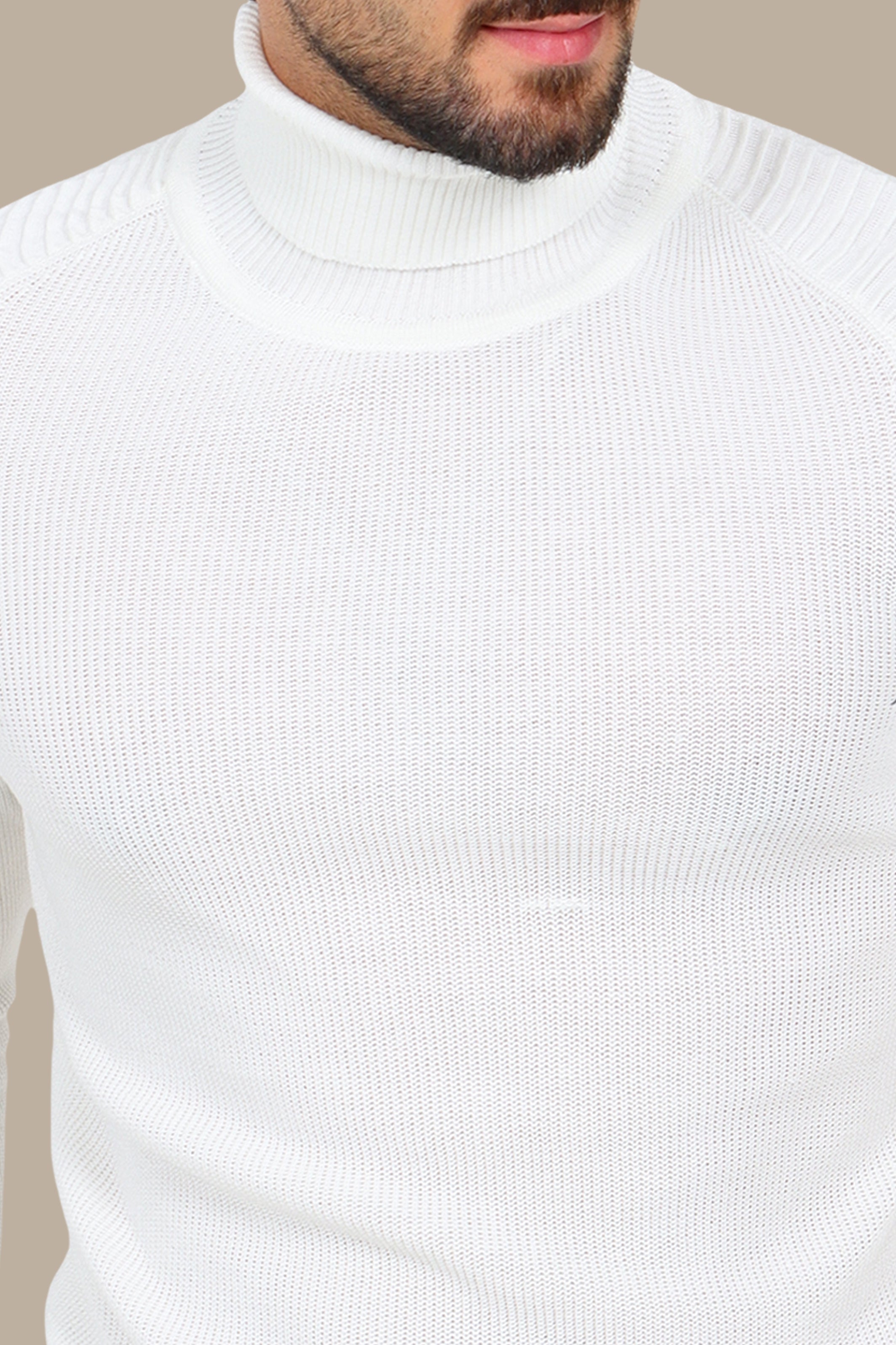 White Mercerized Turtle-Neck Sweater with Ribbed Shoulders