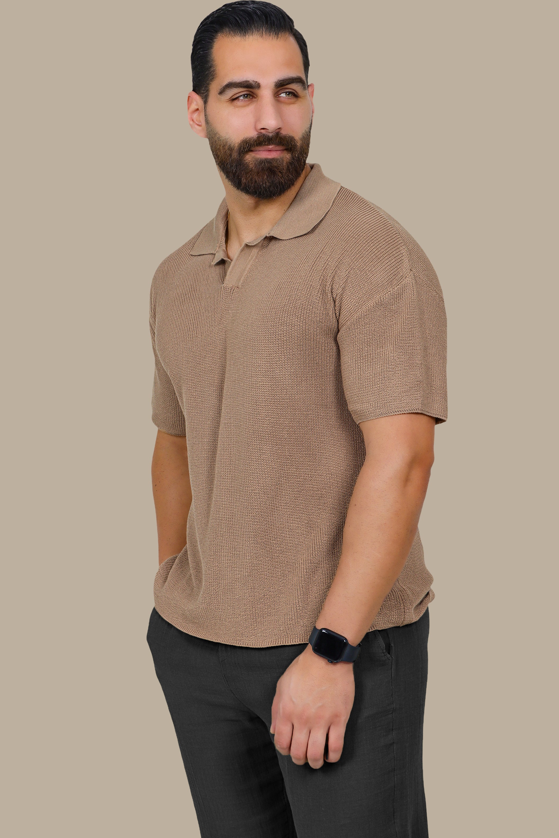 Beige Mercerized V-Neck Polo