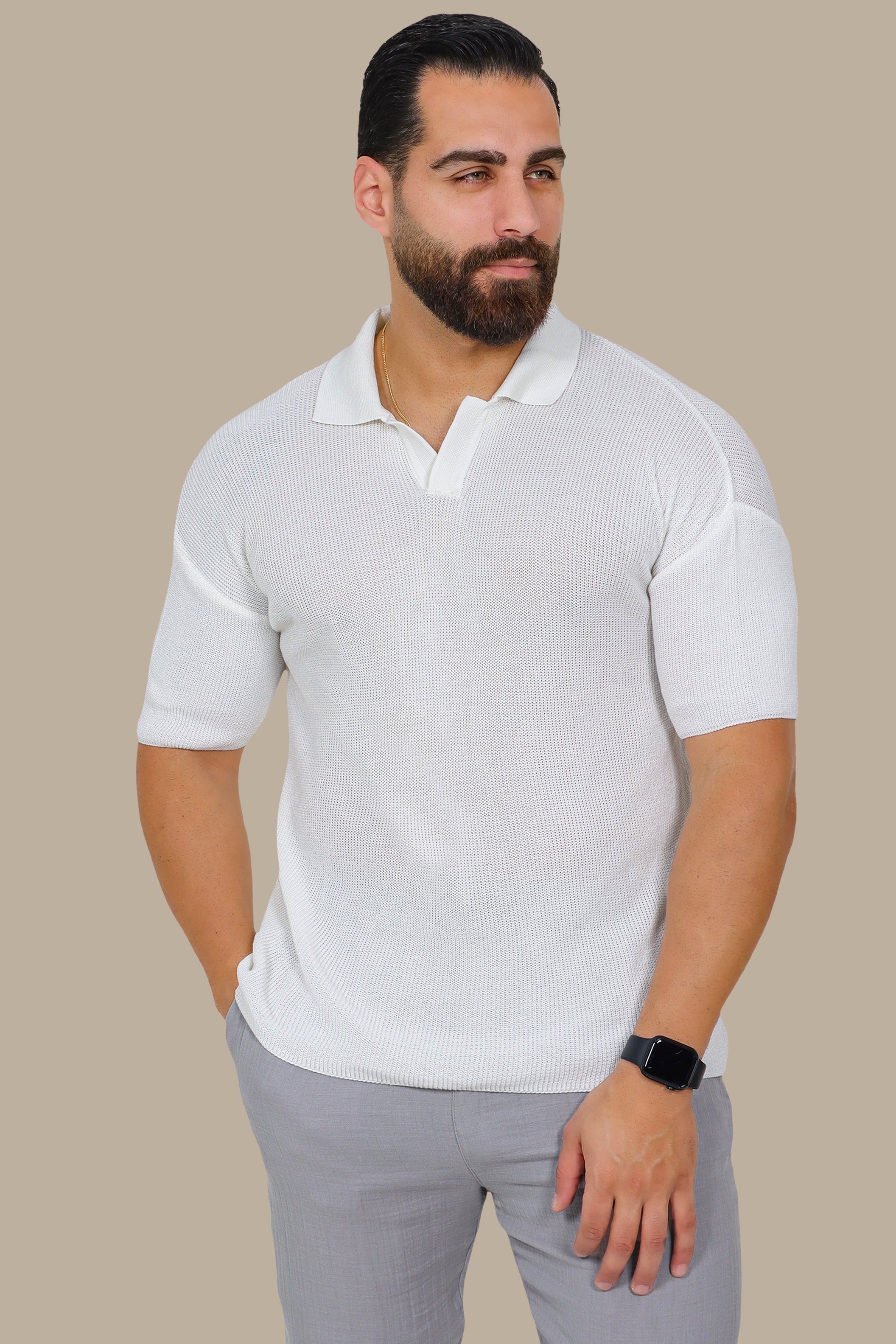 White Mercerized V-Neck Polo