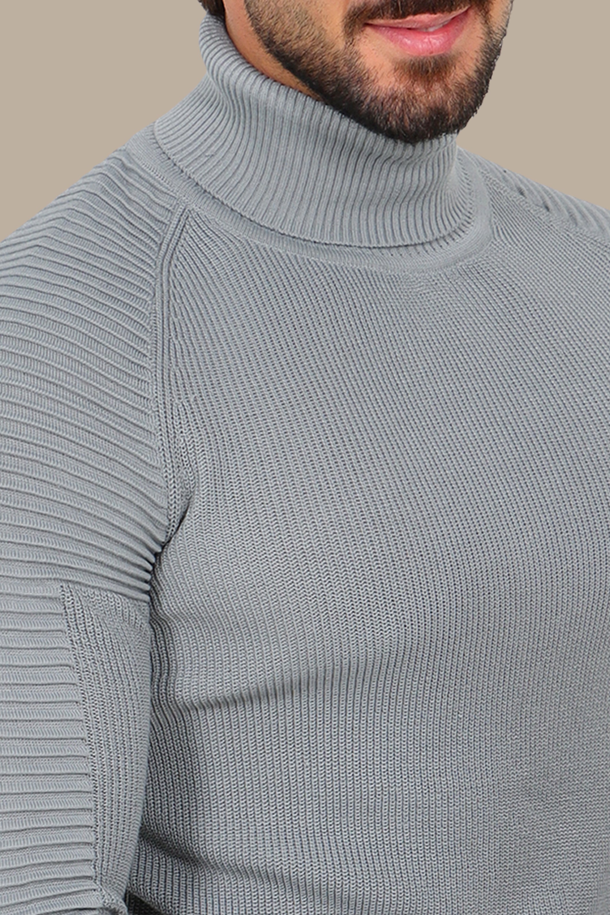 Grey Mercerized Turtle-Neck Sweater with Ribbed Shoulders