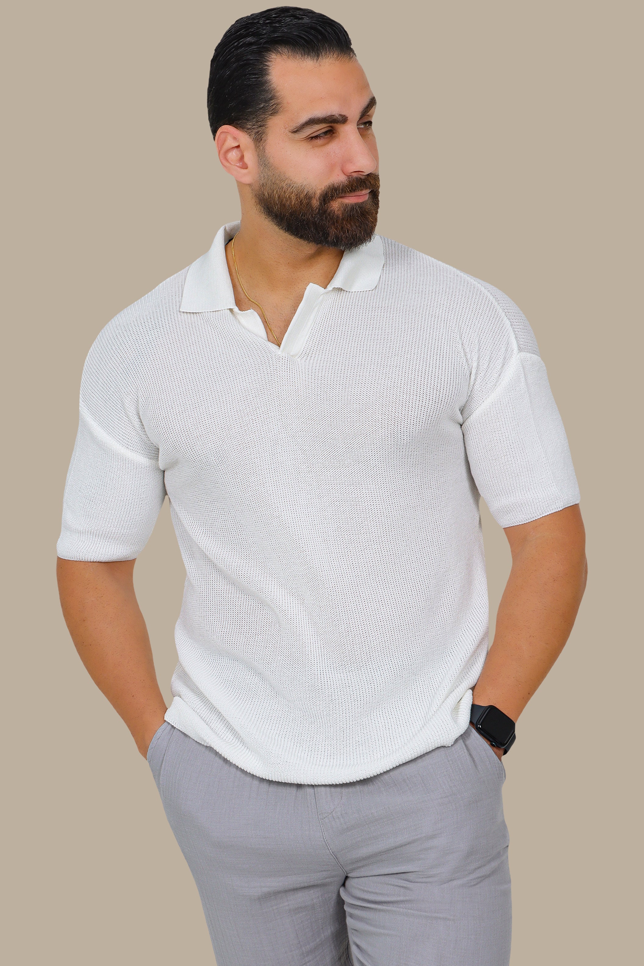White Mercerized V-Neck Polo