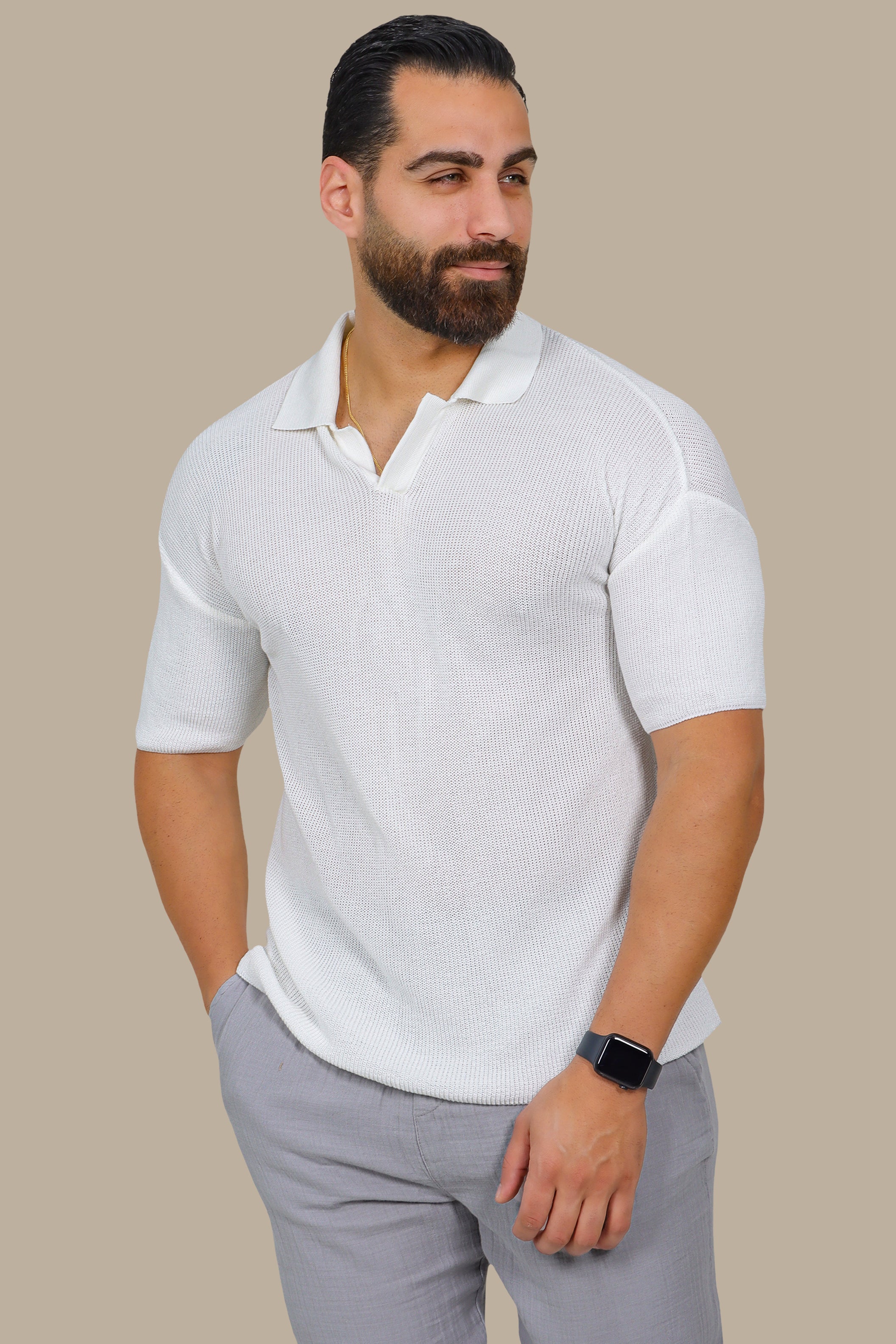 White Mercerized V-Neck Polo