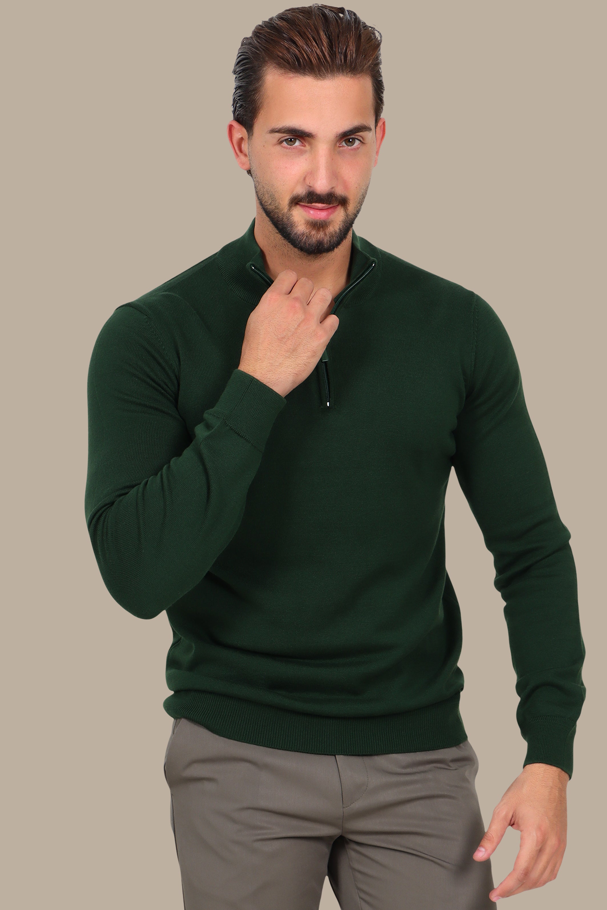 Green Cotton Half-Zip Sweater