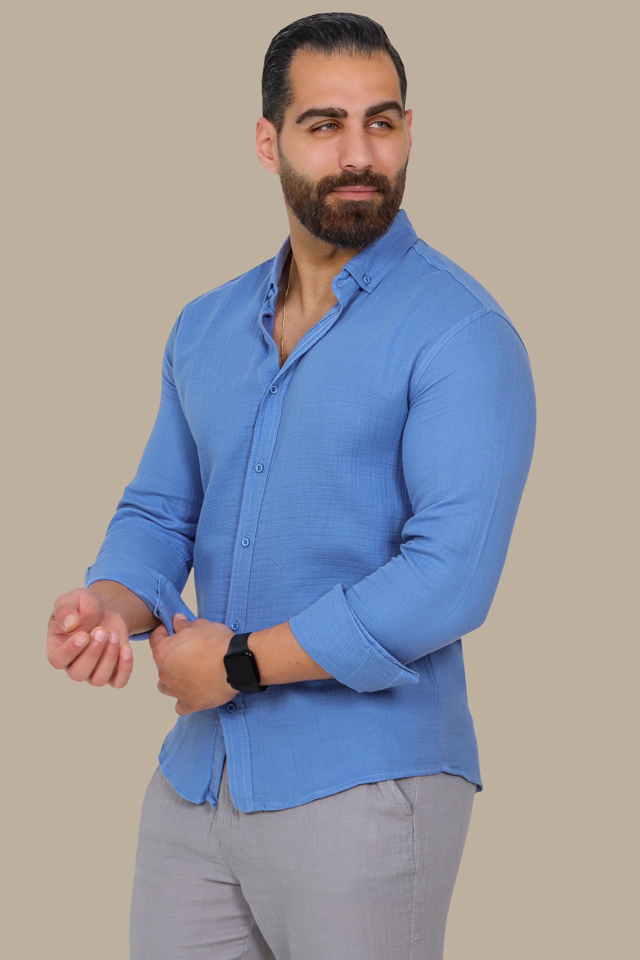 Coastal Charm: Light Blue Linen Button-Down Shirt