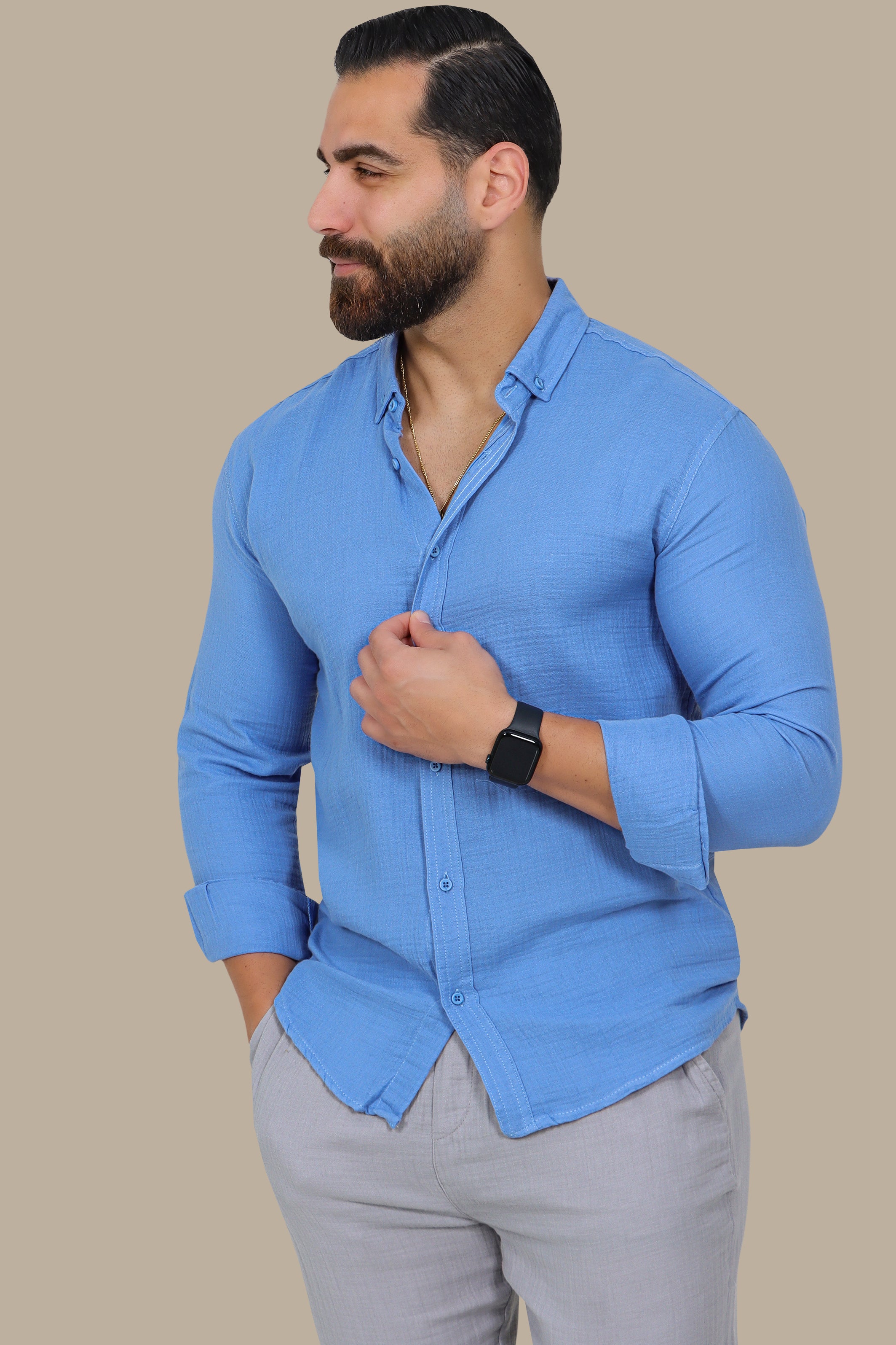 Coastal Charm: Light Blue Linen Button-Down Shirt