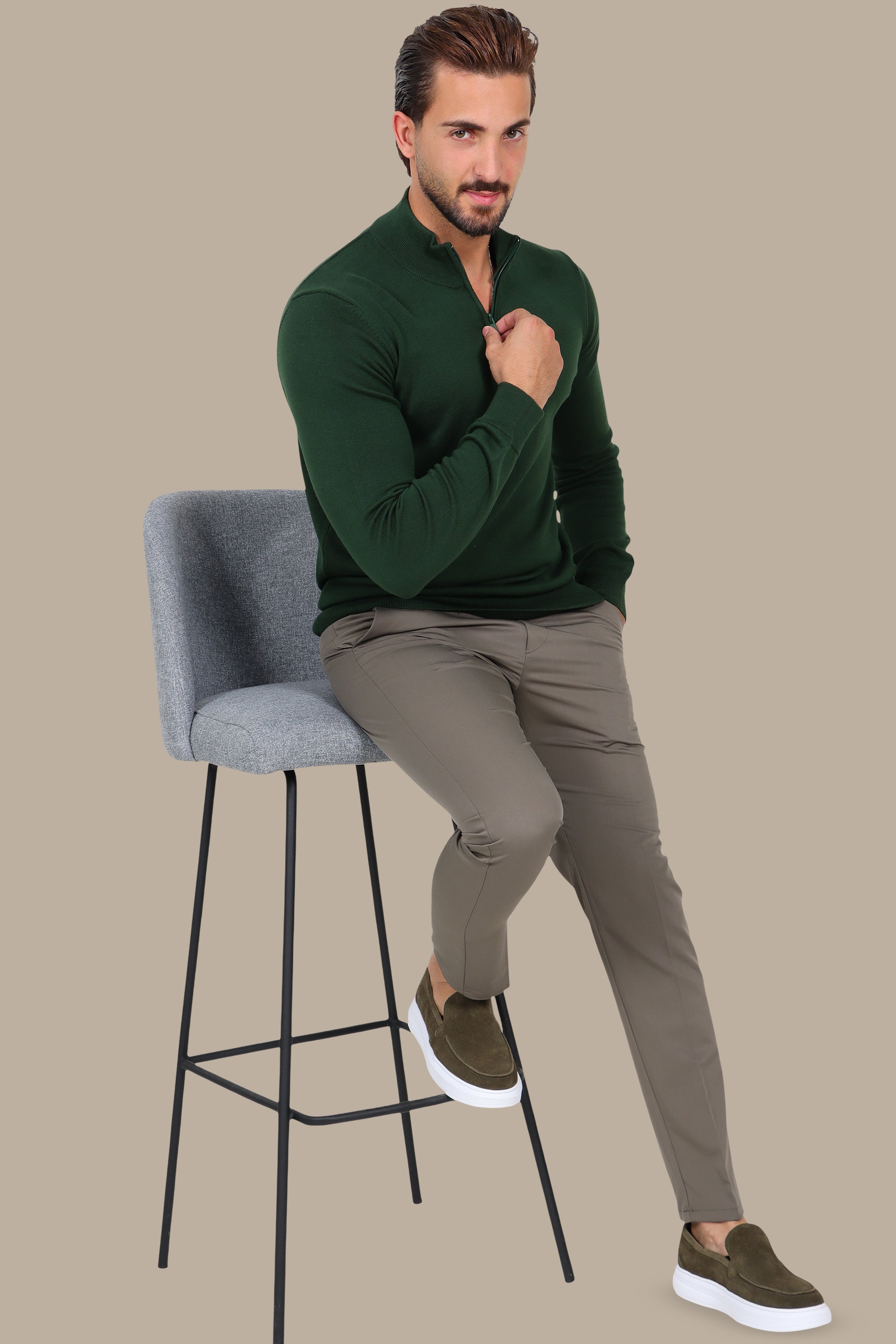 Green Cotton Half-Zip Sweater