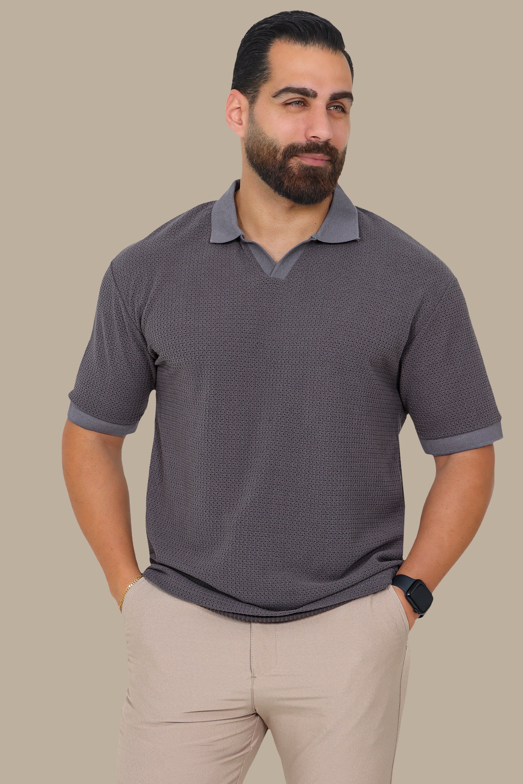 Grey V-Neck Polo – Breathable Fabric