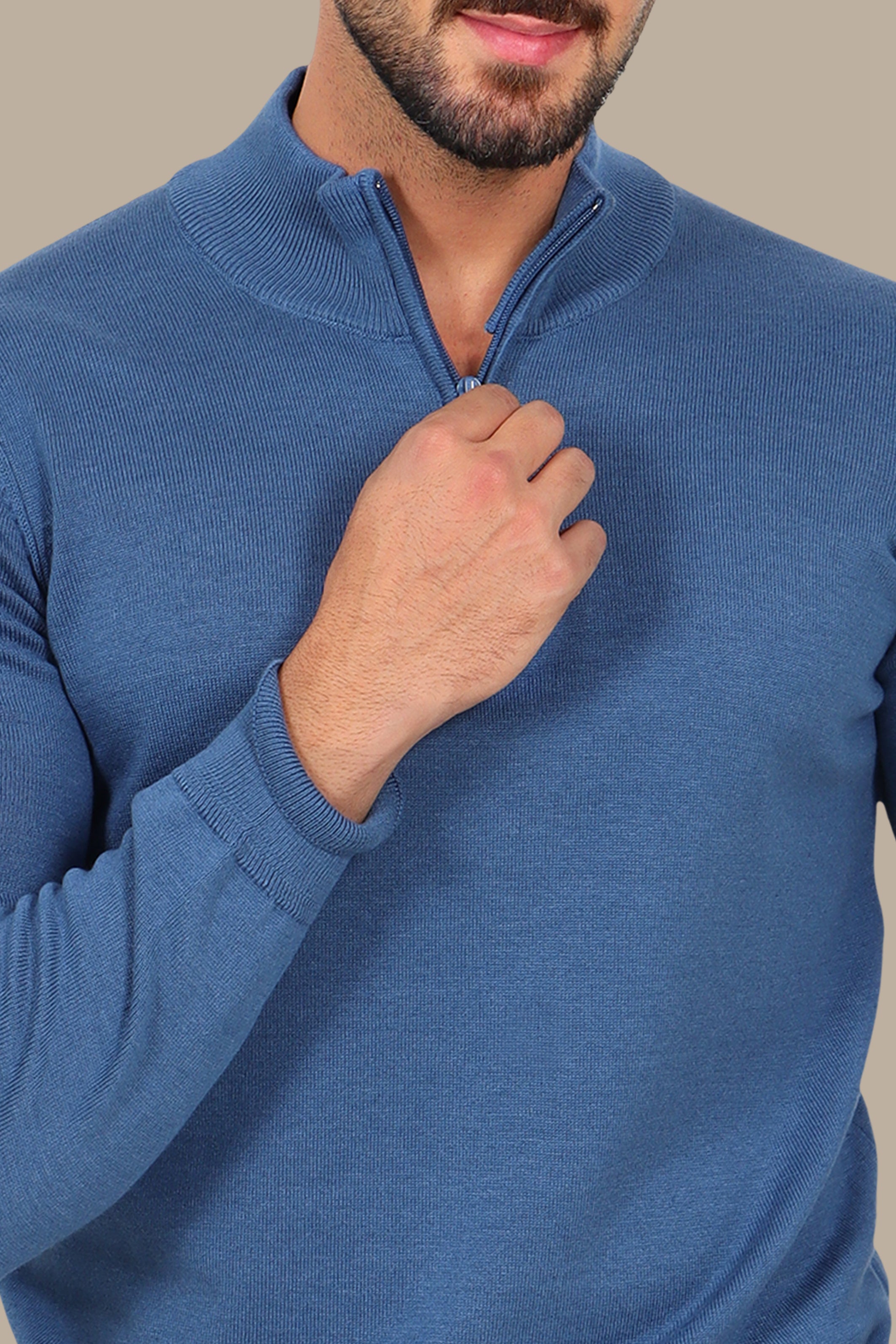 Blue Cotton Sweater with Half Zipper