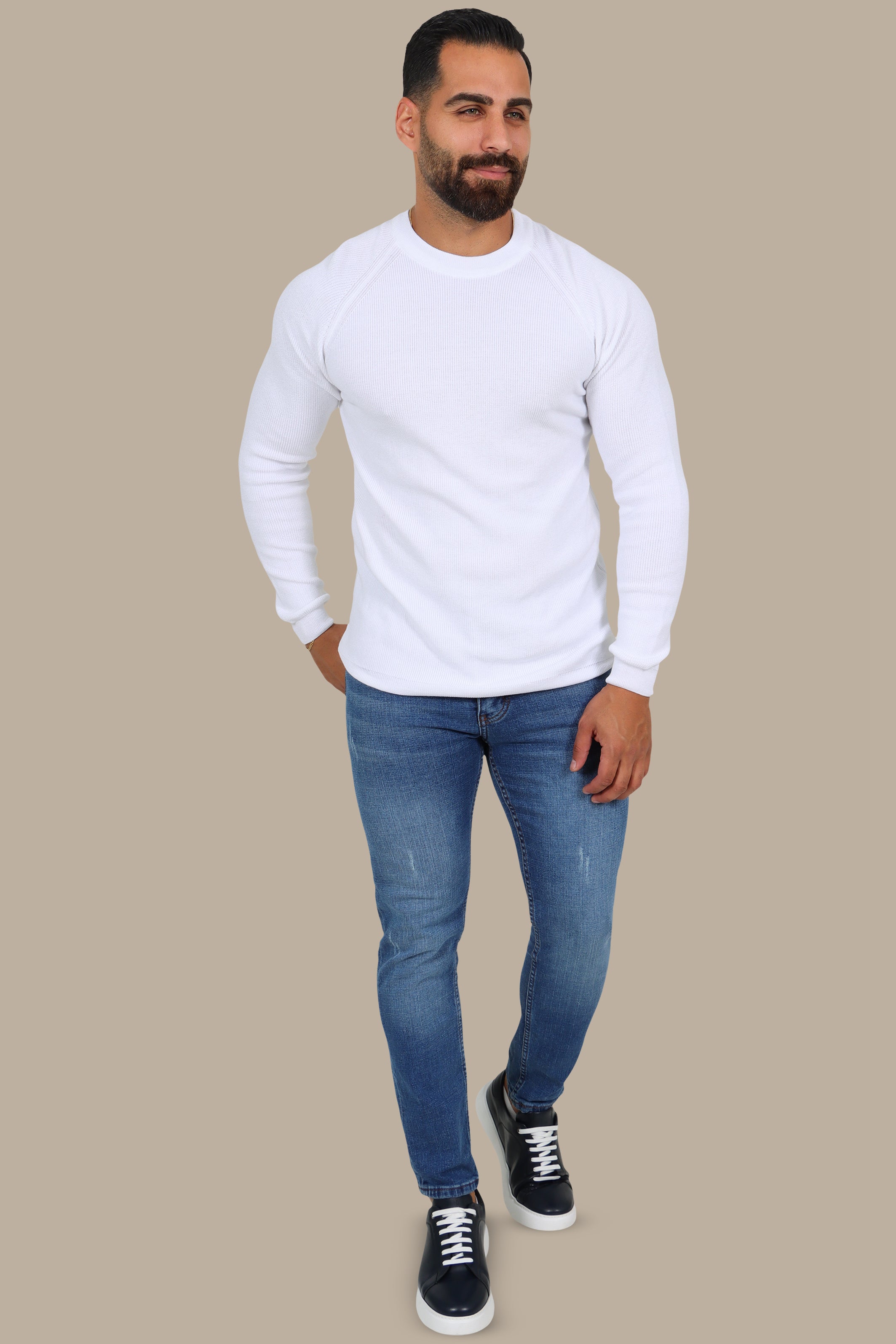 White Round Neck Sweater with Shoulder Cup