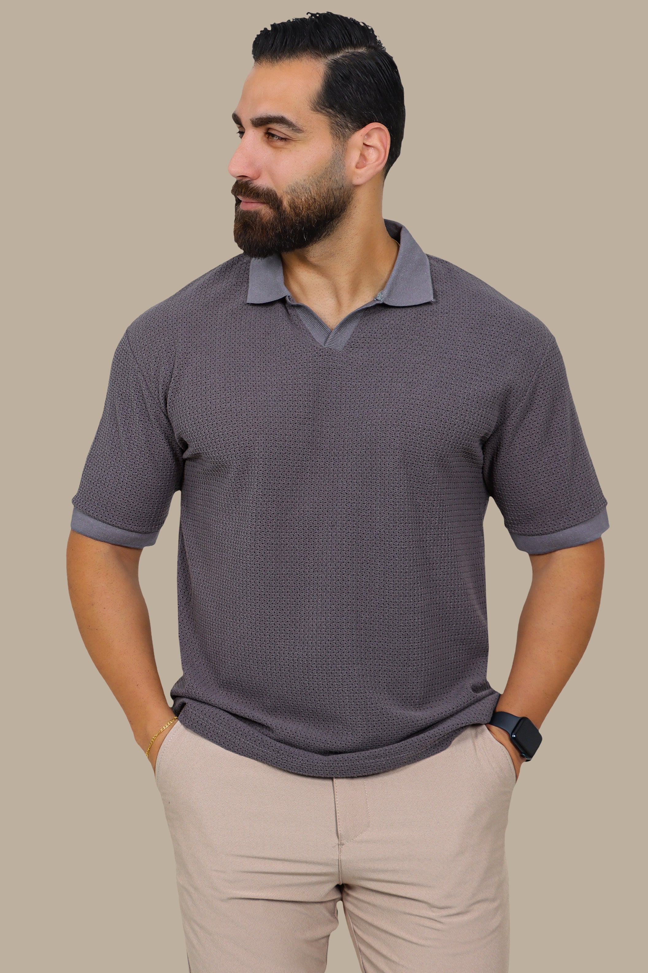 Grey V-Neck Polo – Breathable Fabric