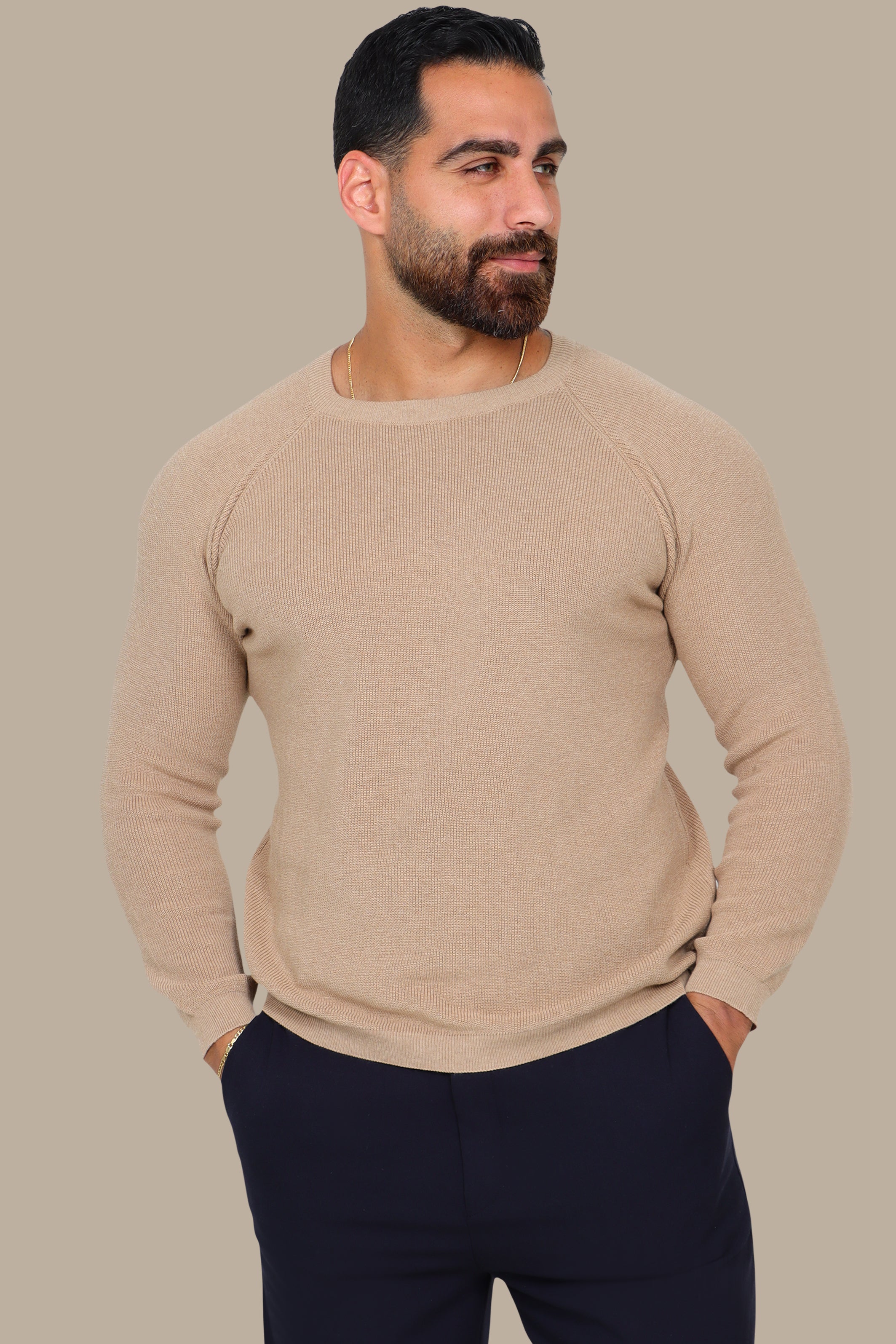 Sophisticated Style: Beige Round Neck Sweater with Shoulder Cups