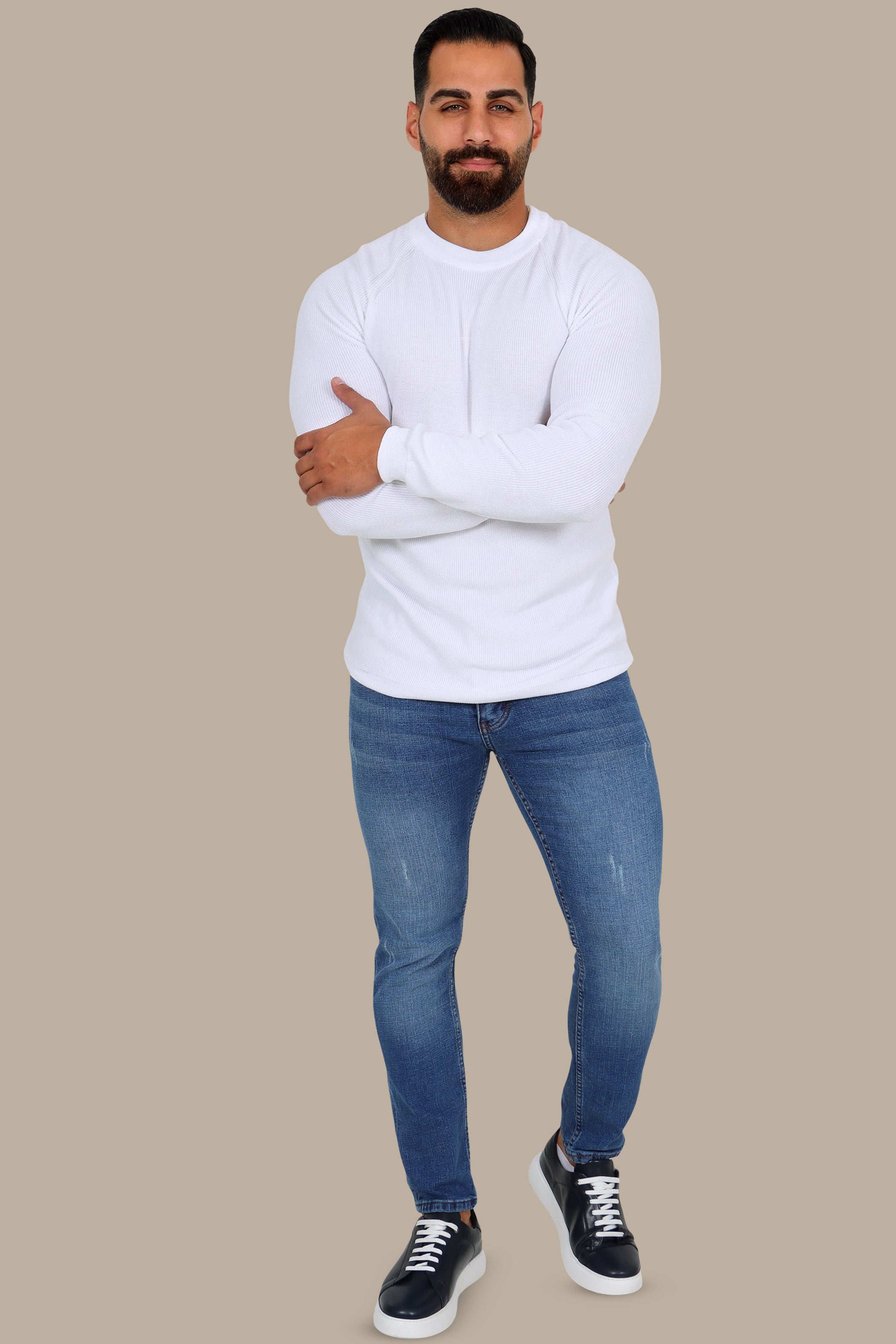 White Round Neck Sweater with Shoulder Cup