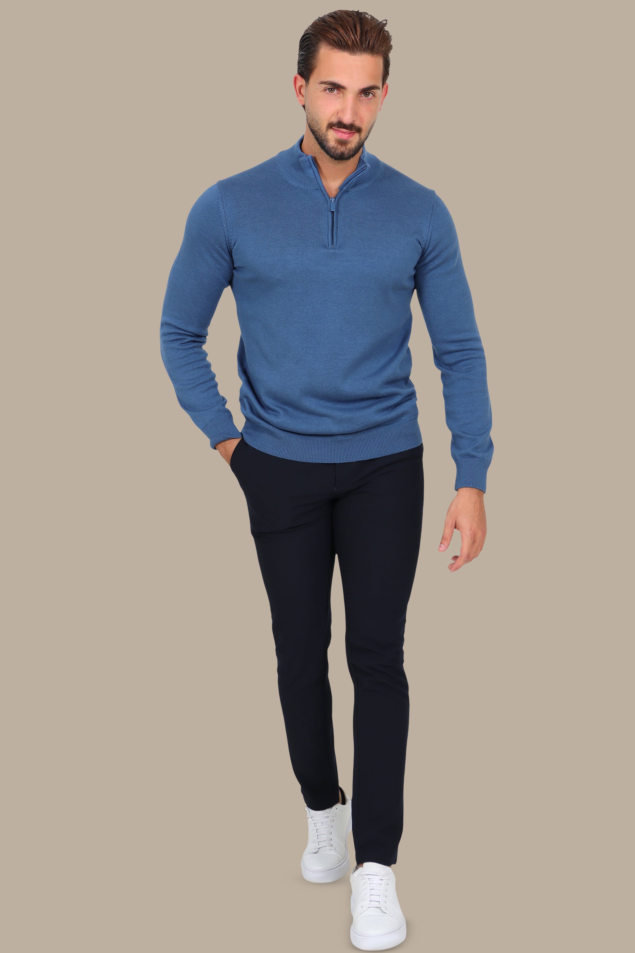 Blue Cotton Sweater with Half Zipper
