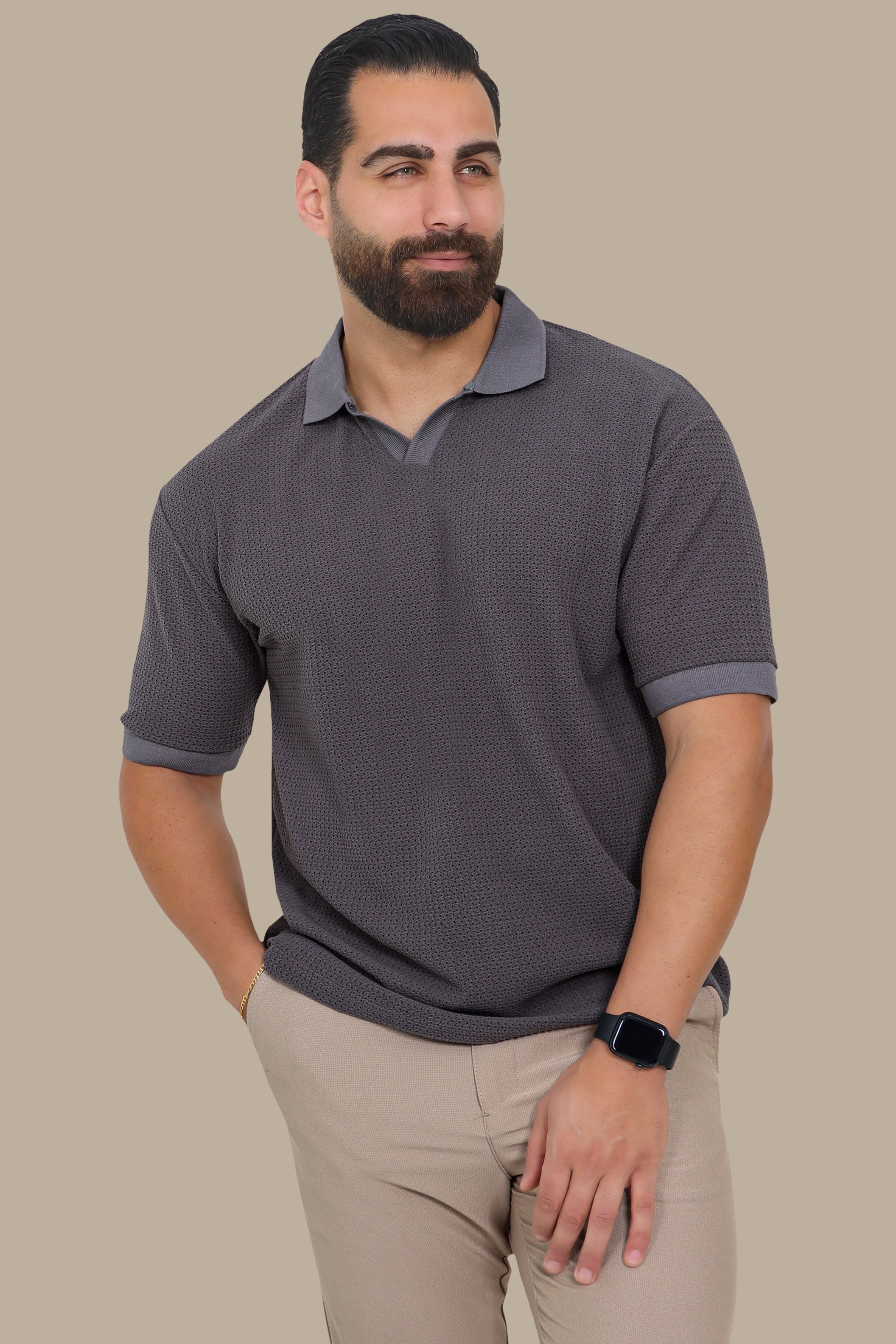Grey V-Neck Polo – Breathable Fabric