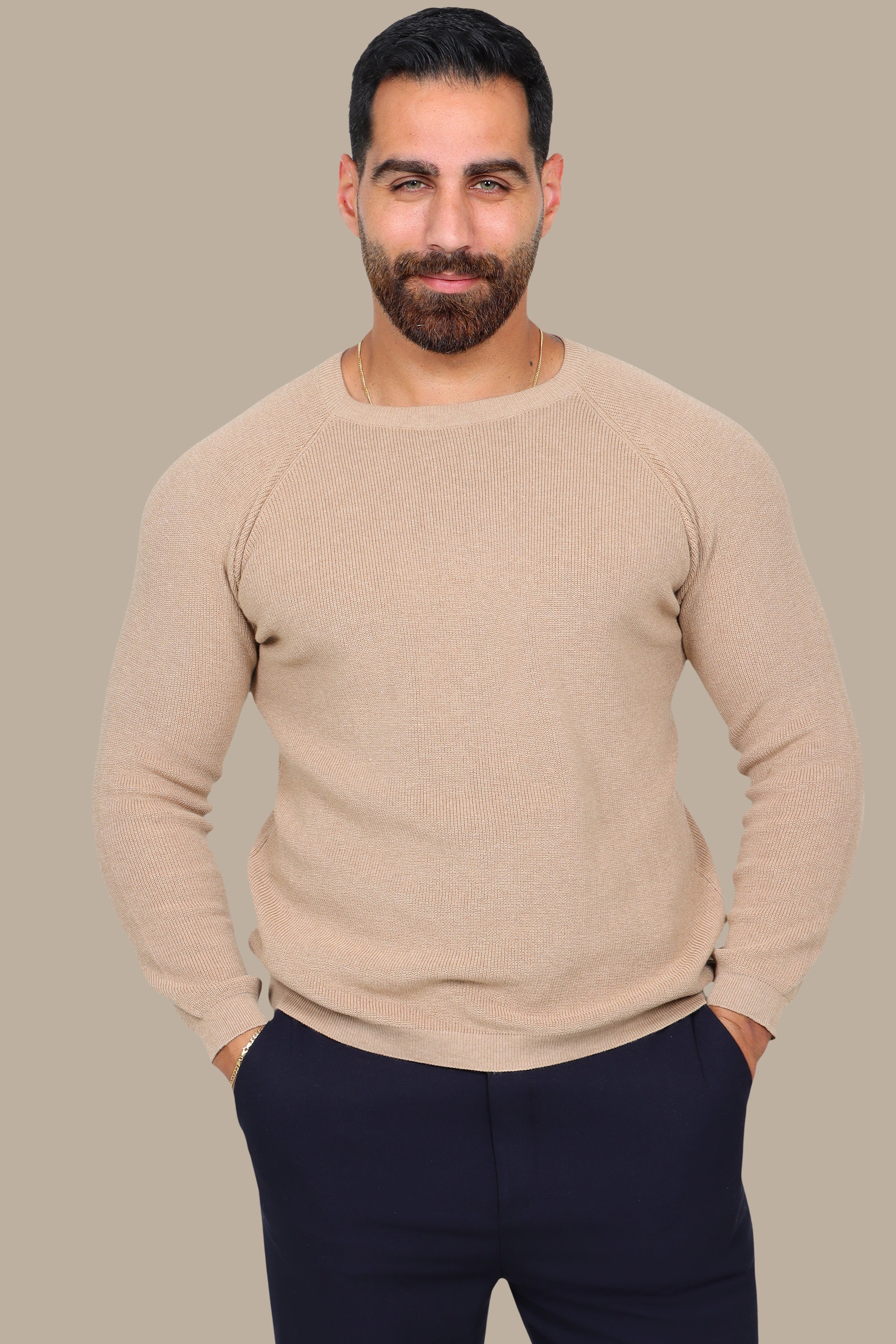 Sophisticated Style: Beige Round Neck Sweater with Shoulder Cups