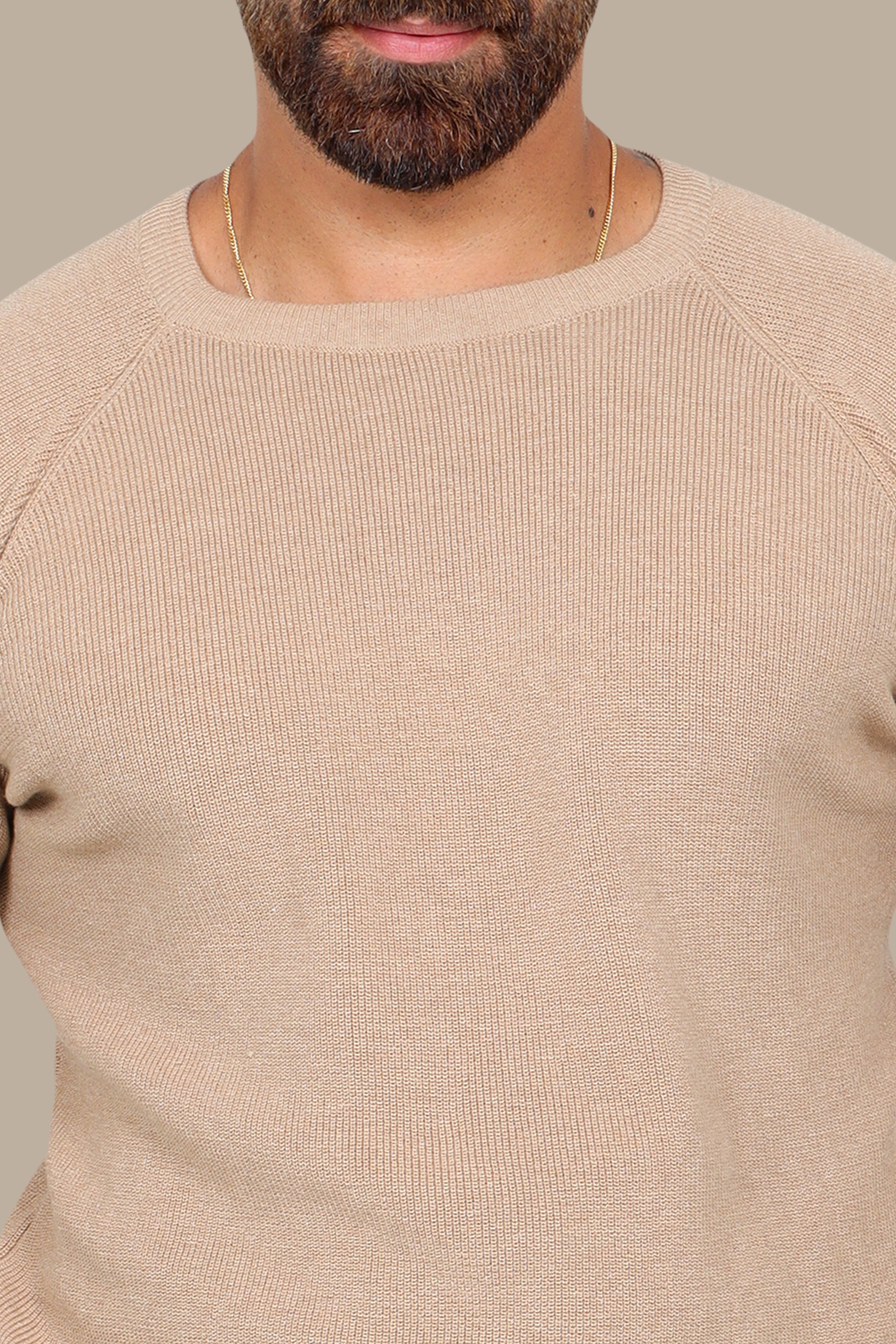 Sophisticated Style: Beige Round Neck Sweater with Shoulder Cups