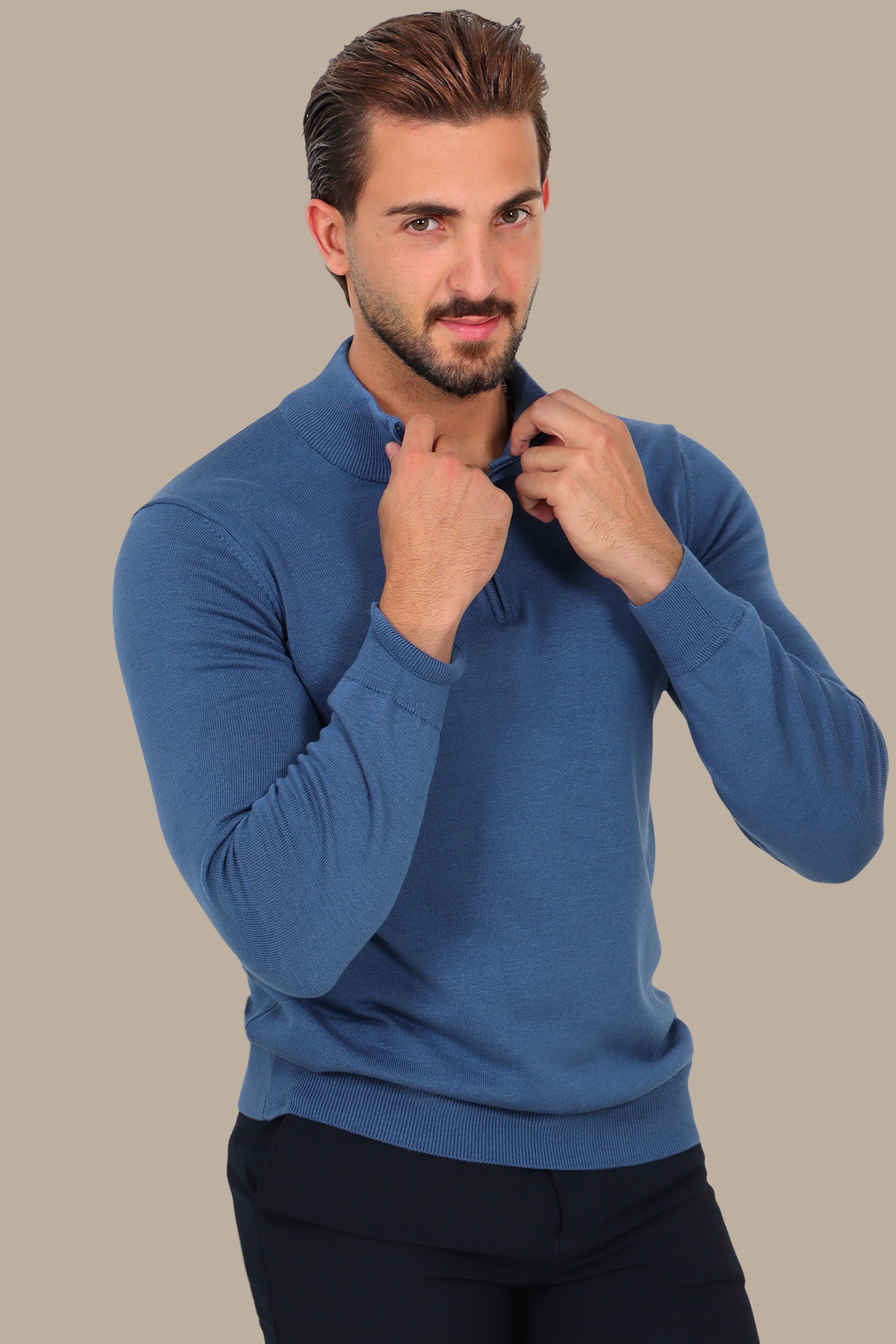 Blue Cotton Sweater with Half Zipper