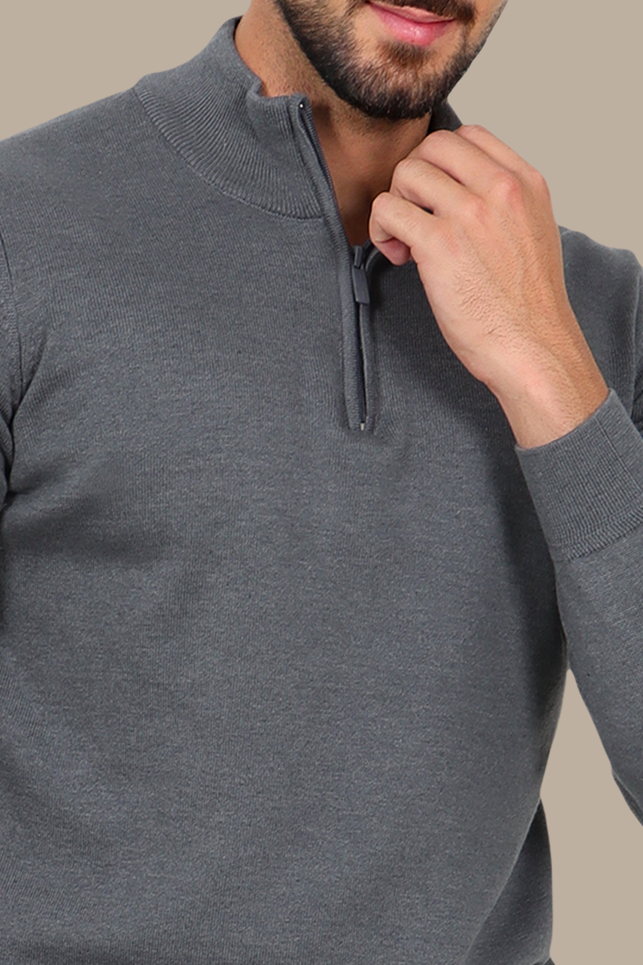 Grey Cotton Sweater with Half Zipper