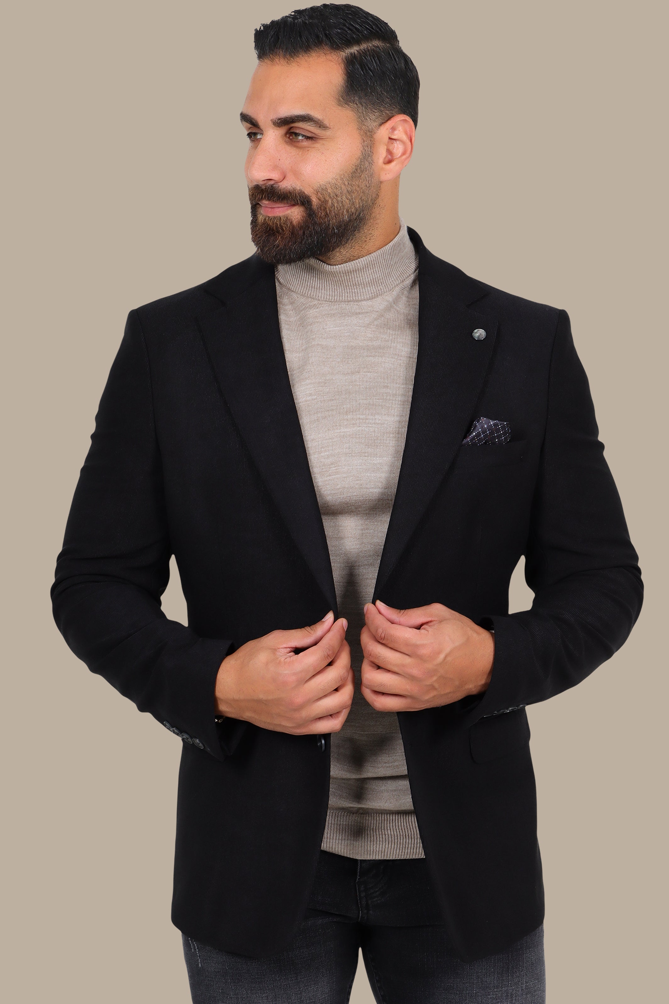 Slim Corduroy Blazer with Notch Lapel in Black