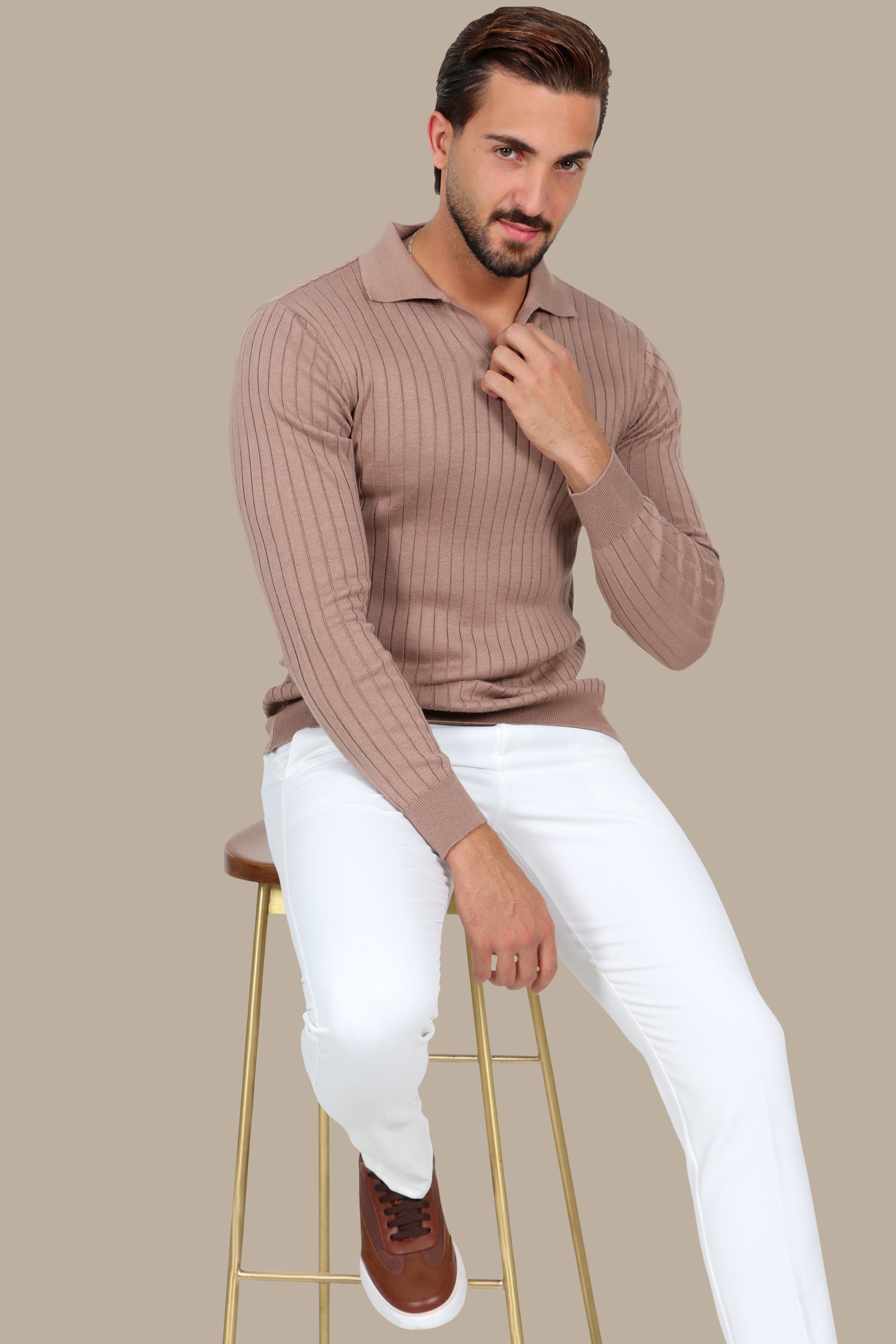 Light Brown Long-Sleeve Polo with Vertical Lines