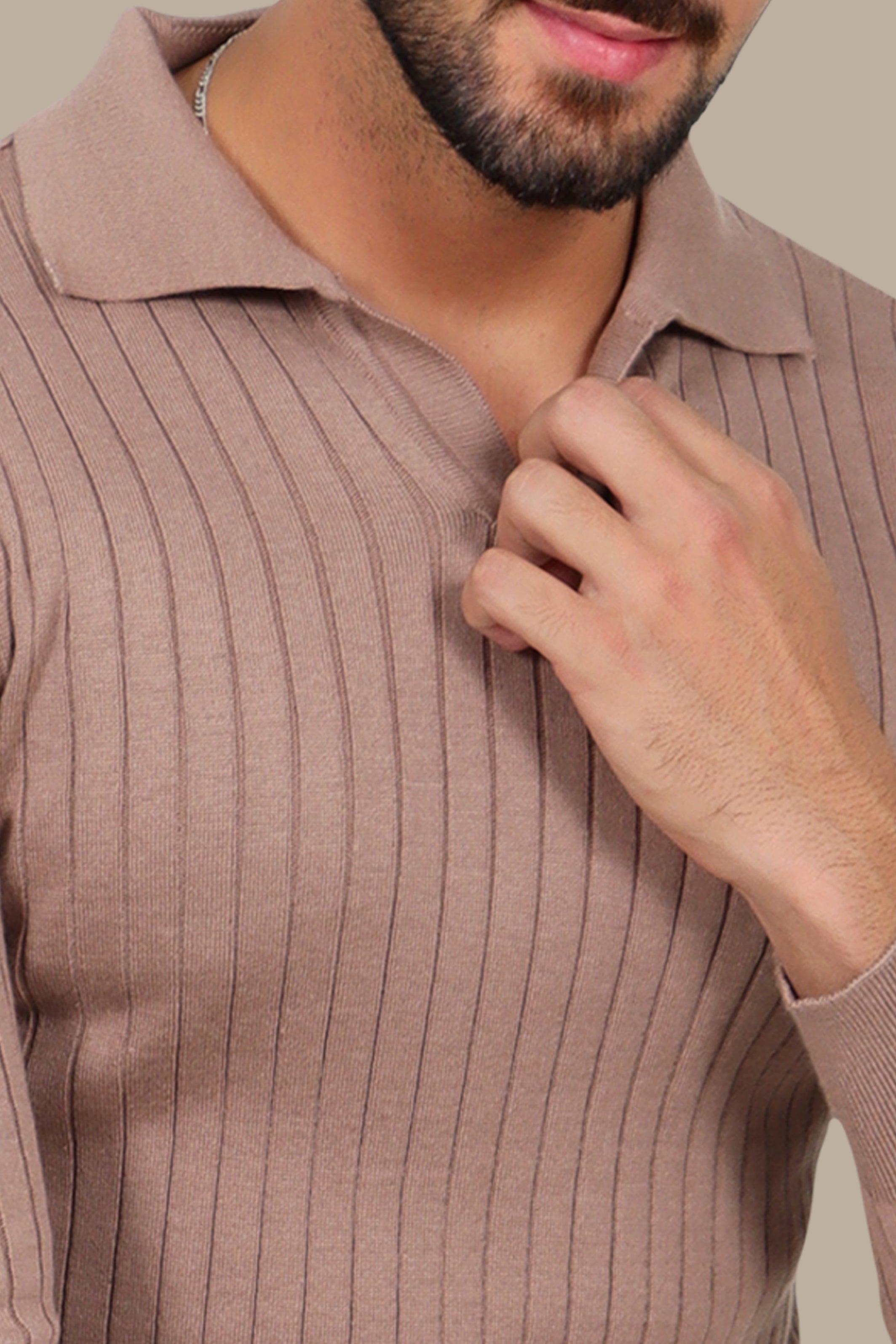 Light Brown Long-Sleeve Polo with Vertical Lines