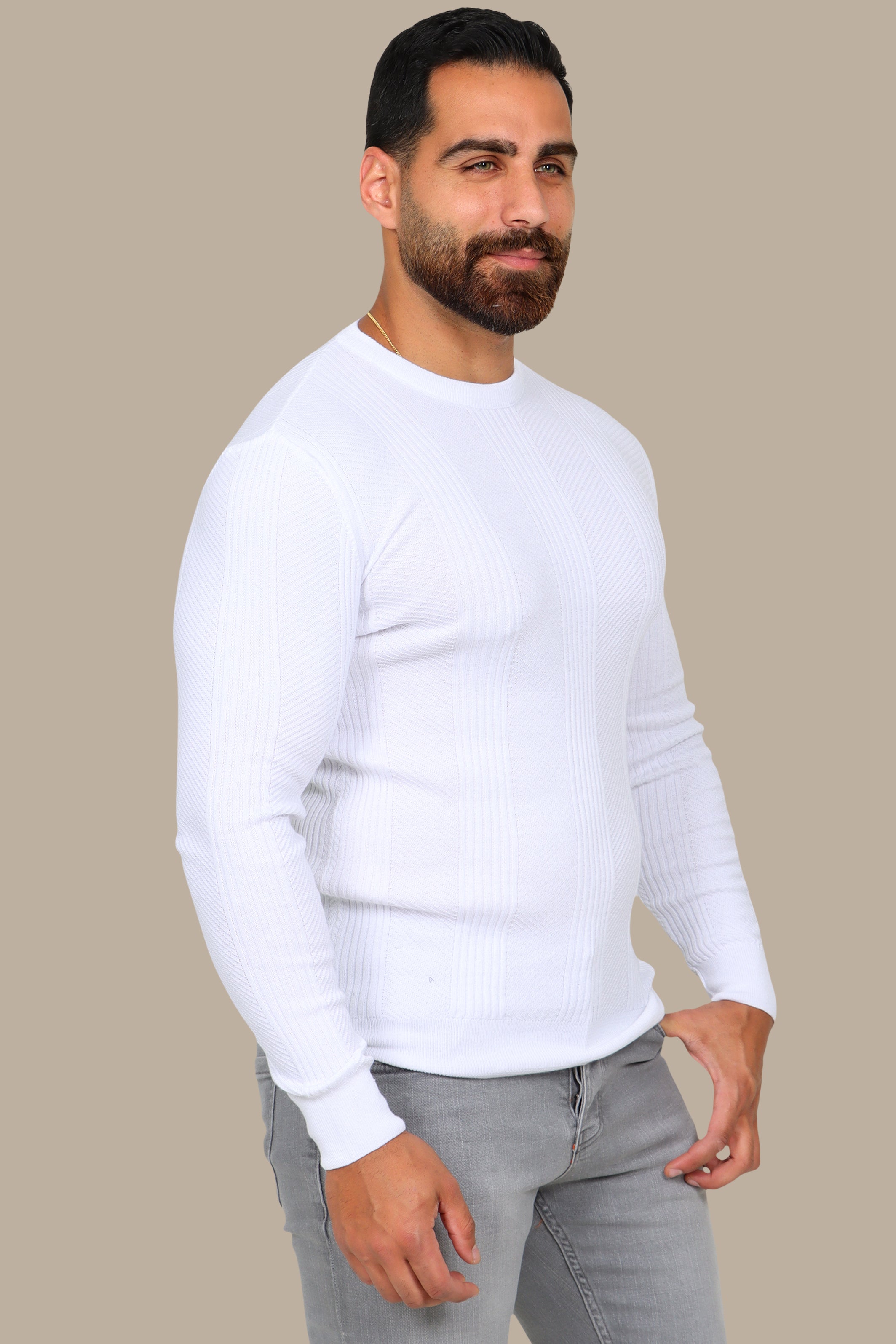 White Structured Sweater with 3 Wide Lines