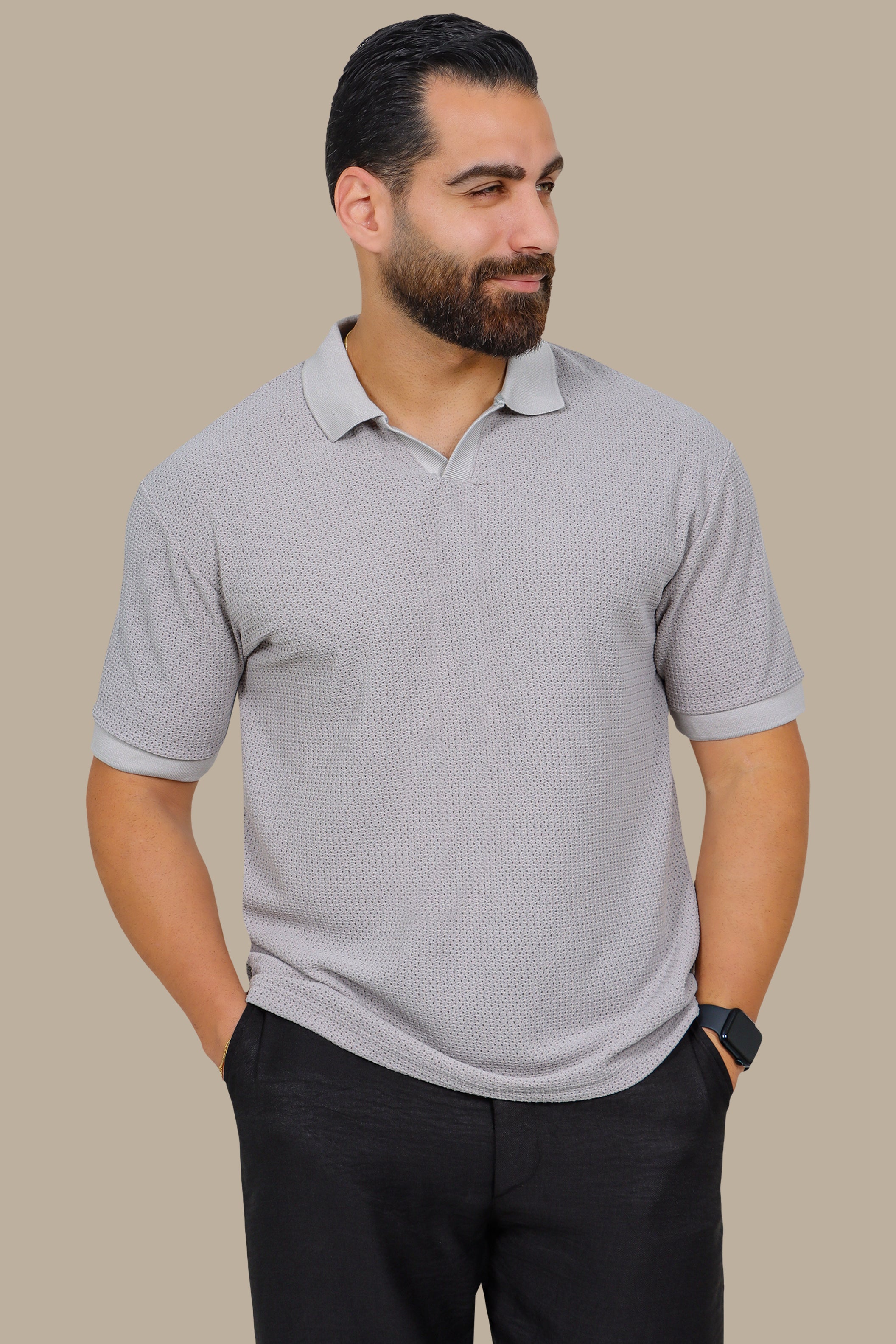 Light Grey V-Neck Polo – Breathable Fabric