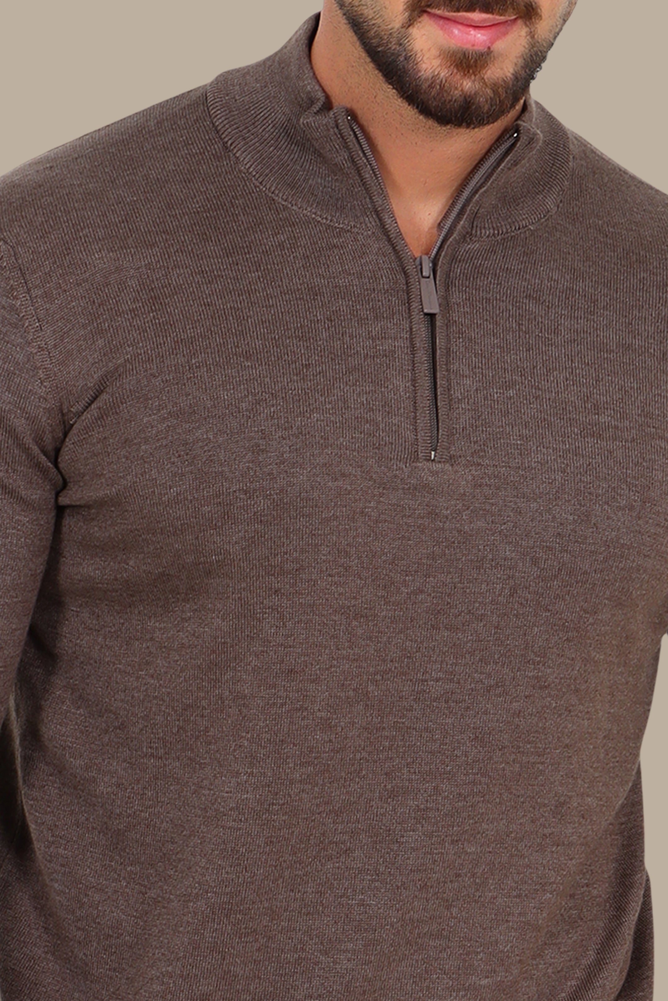 Half Zipper Cotton Sweater in Light Brown