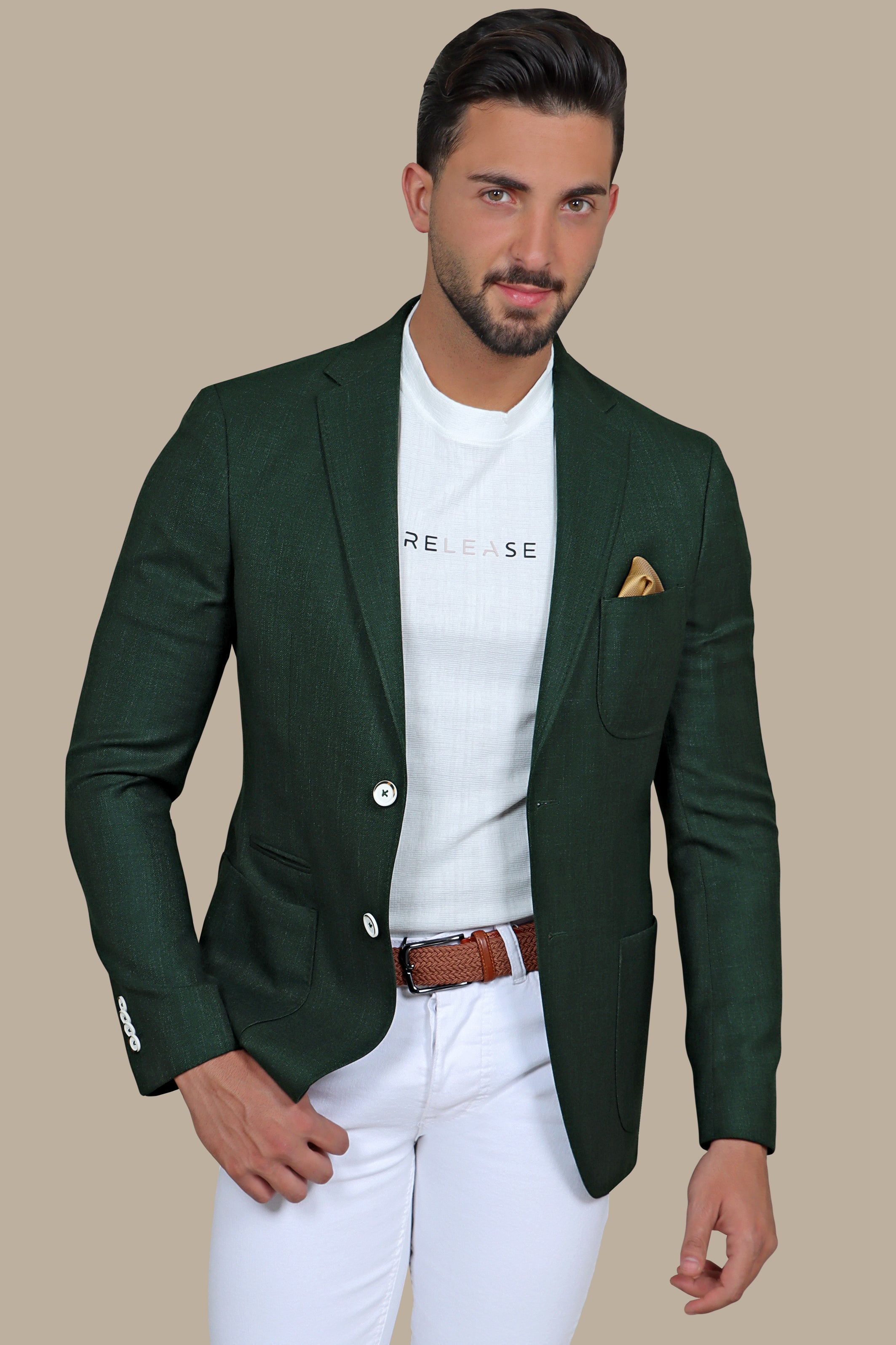 Khaki Structured Blazer with 3 Patch Pocket