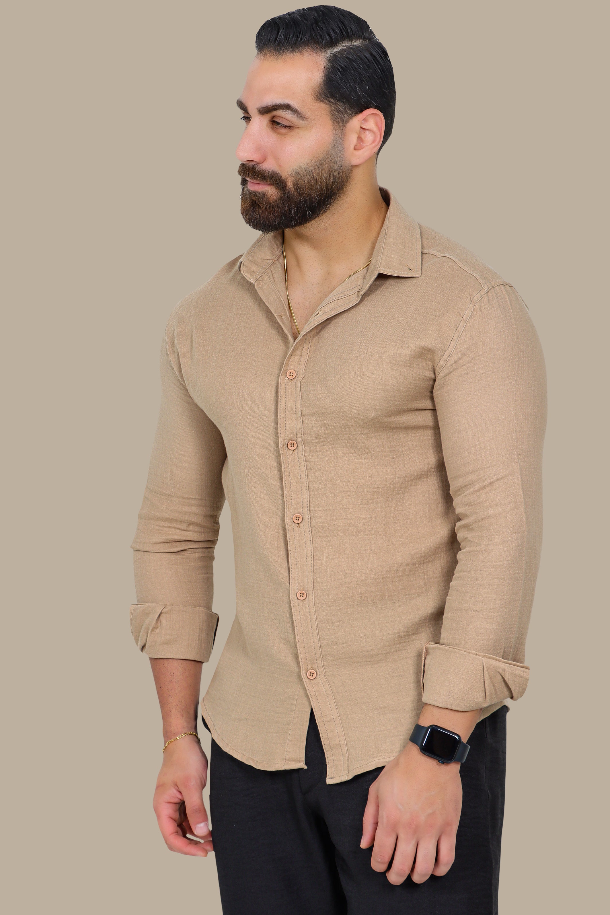 Timeless Ease: Long-Sleeve Linen Button-Down Shirt in Beige